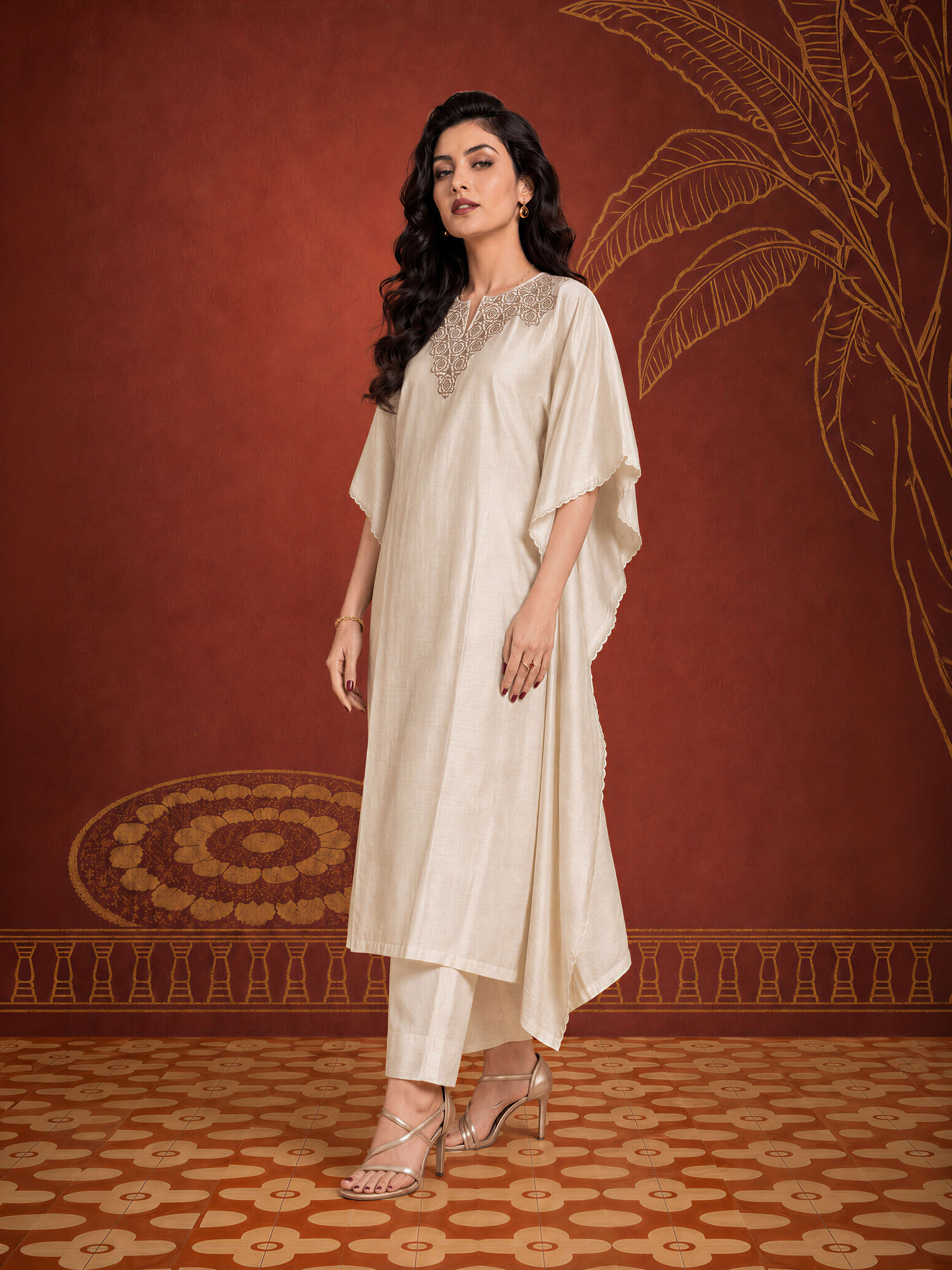 Ivory Colour Mull Chanderi Plain Kaftan With Embroidery And Sequins Work