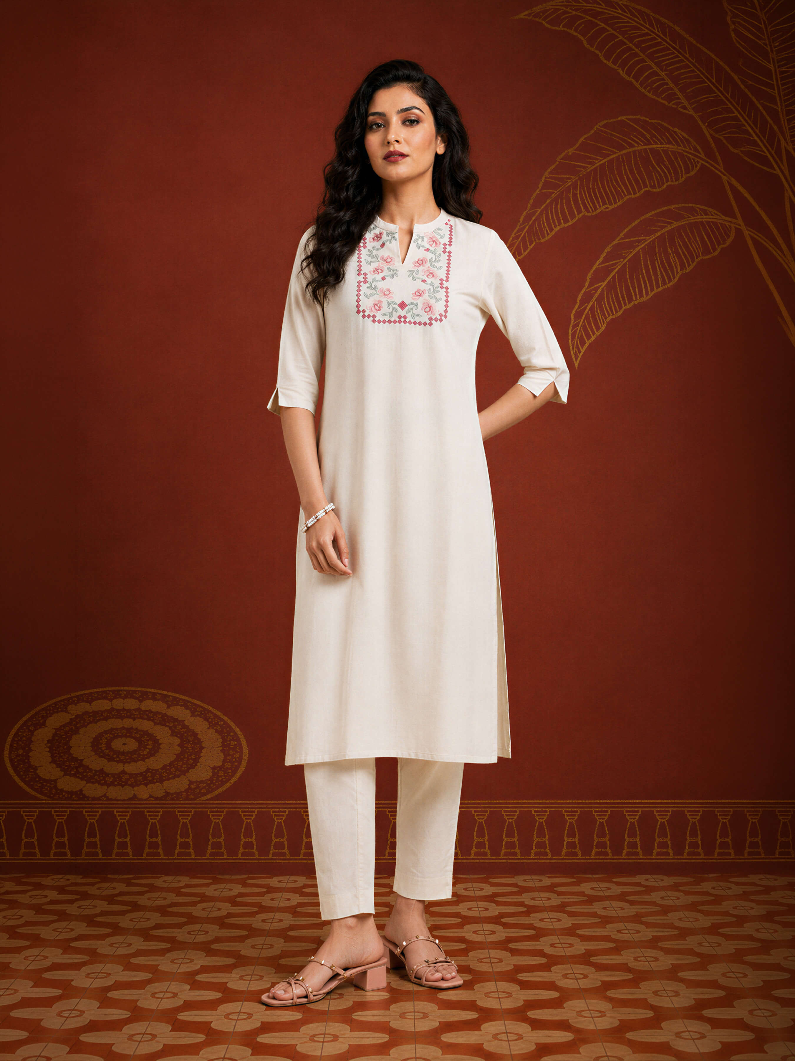 Ivory Cotton Flax Plain Slitted Kurti With Embroidery