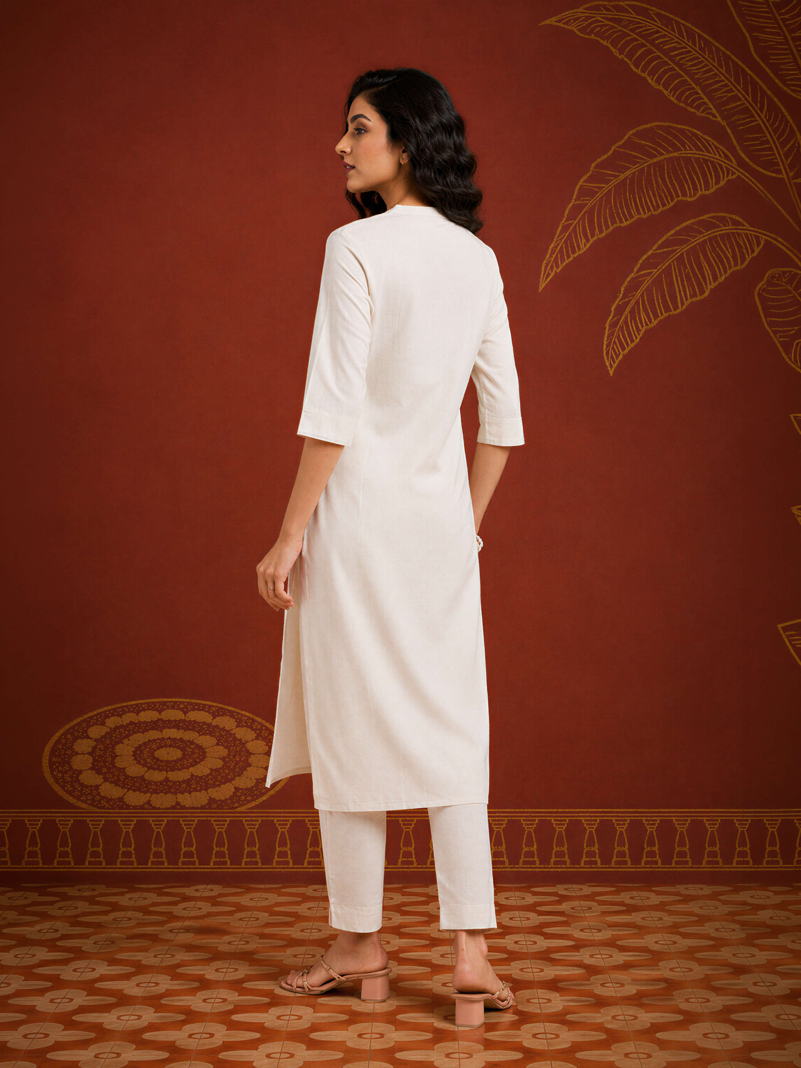 Ivory Cotton Flax Plain Slitted Kurti With Embroidery