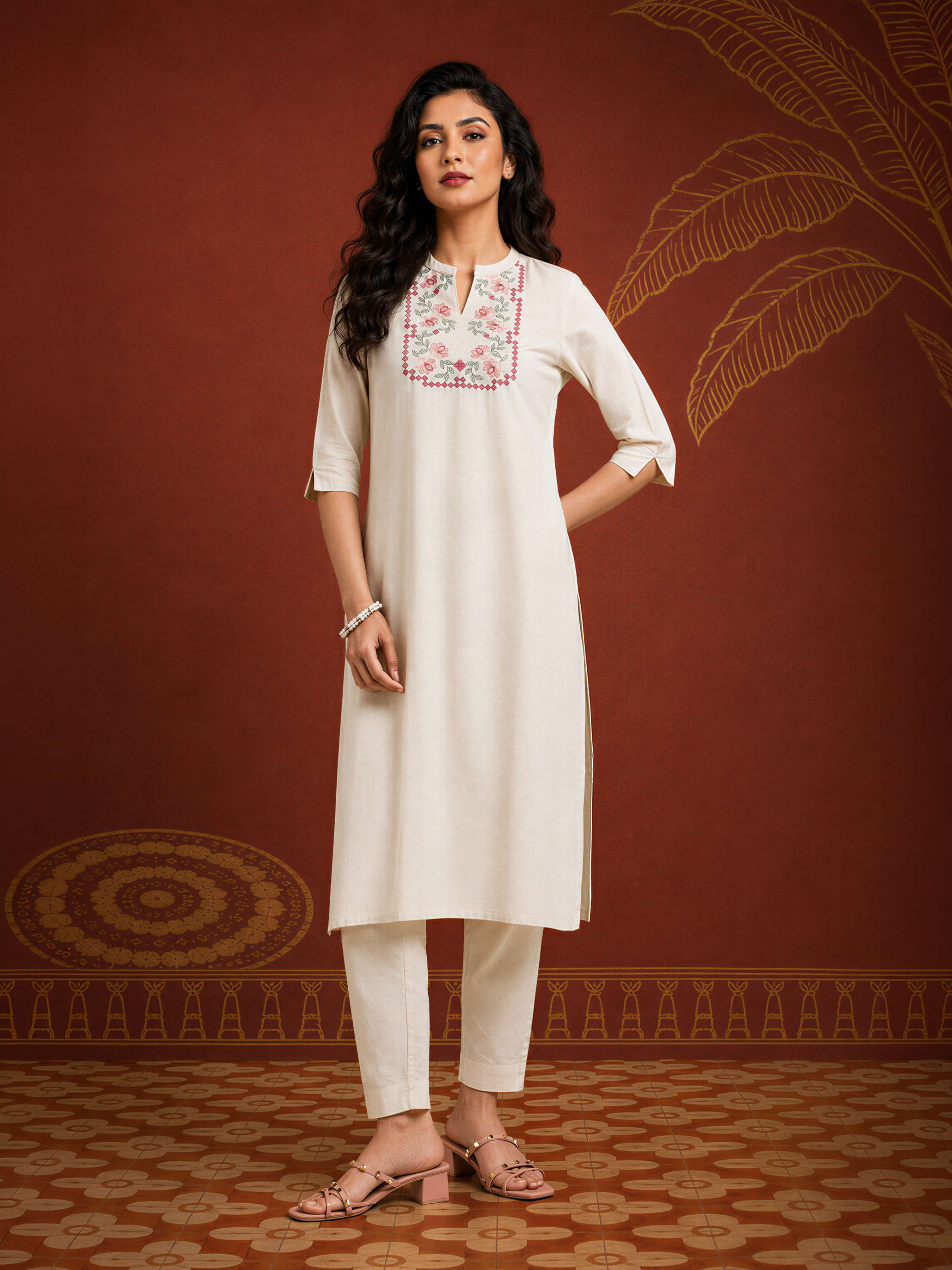 Ivory Cotton Flax Plain Slitted Kurti With Embroidery