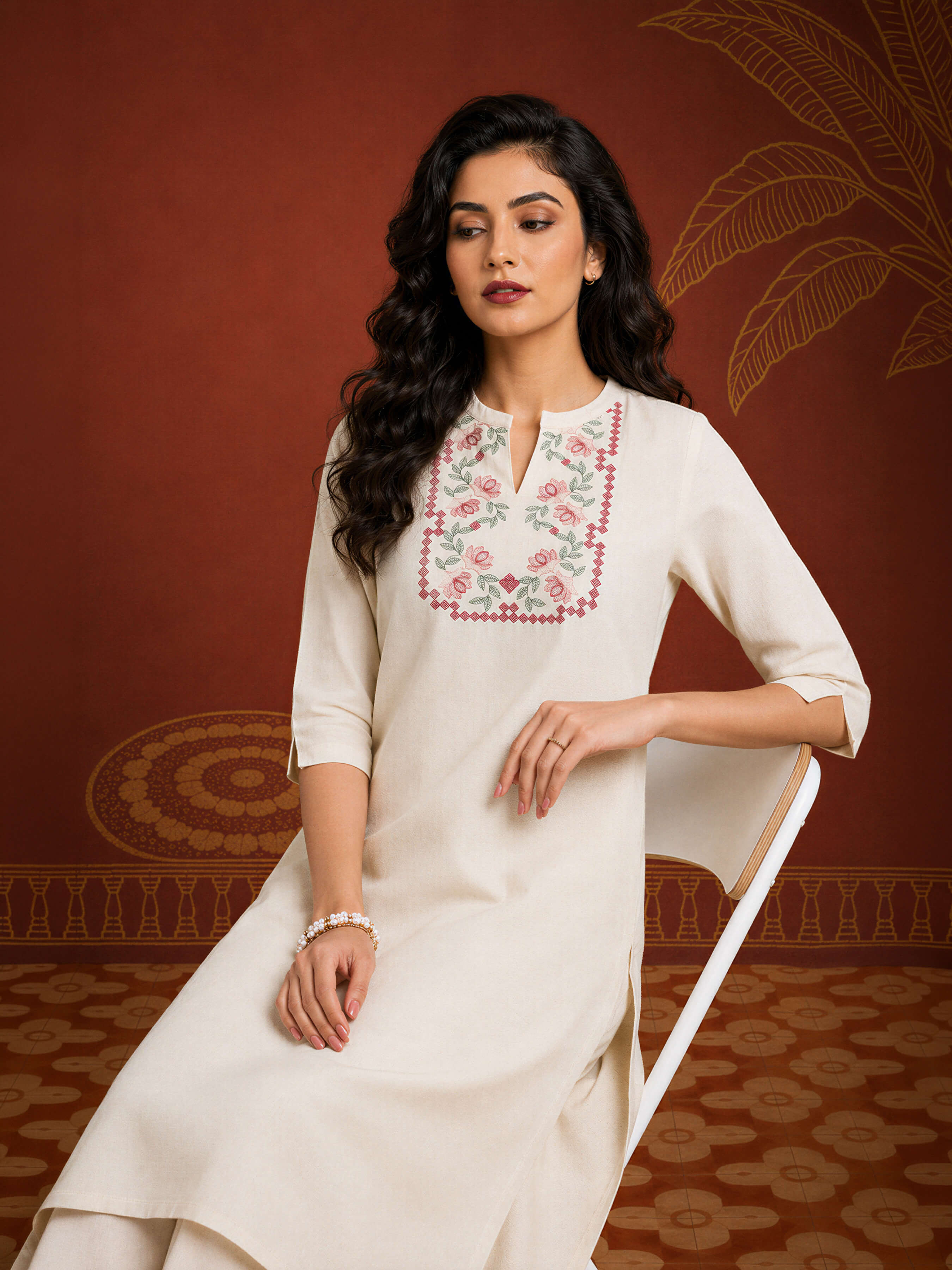 Ivory Cotton Flax Plain Slitted Kurti With Embroidery