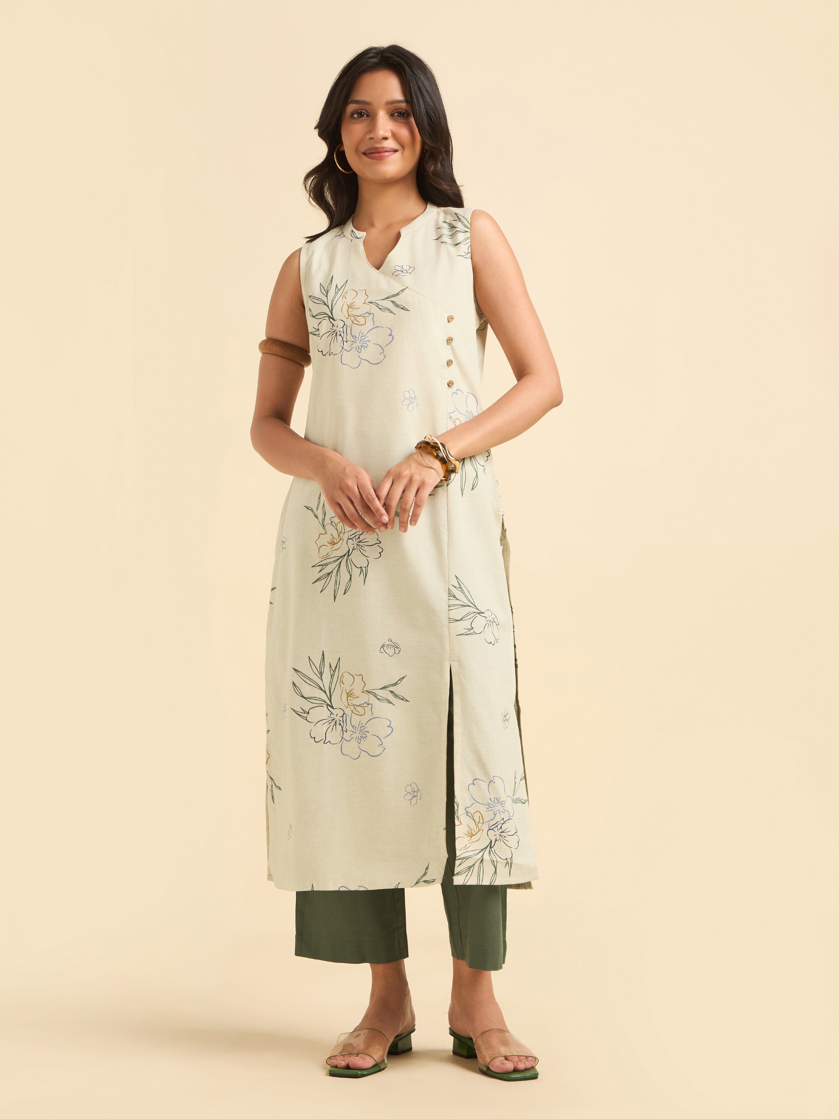 Ivory Cotton Flax Printed Slitted Kurti With Bottom