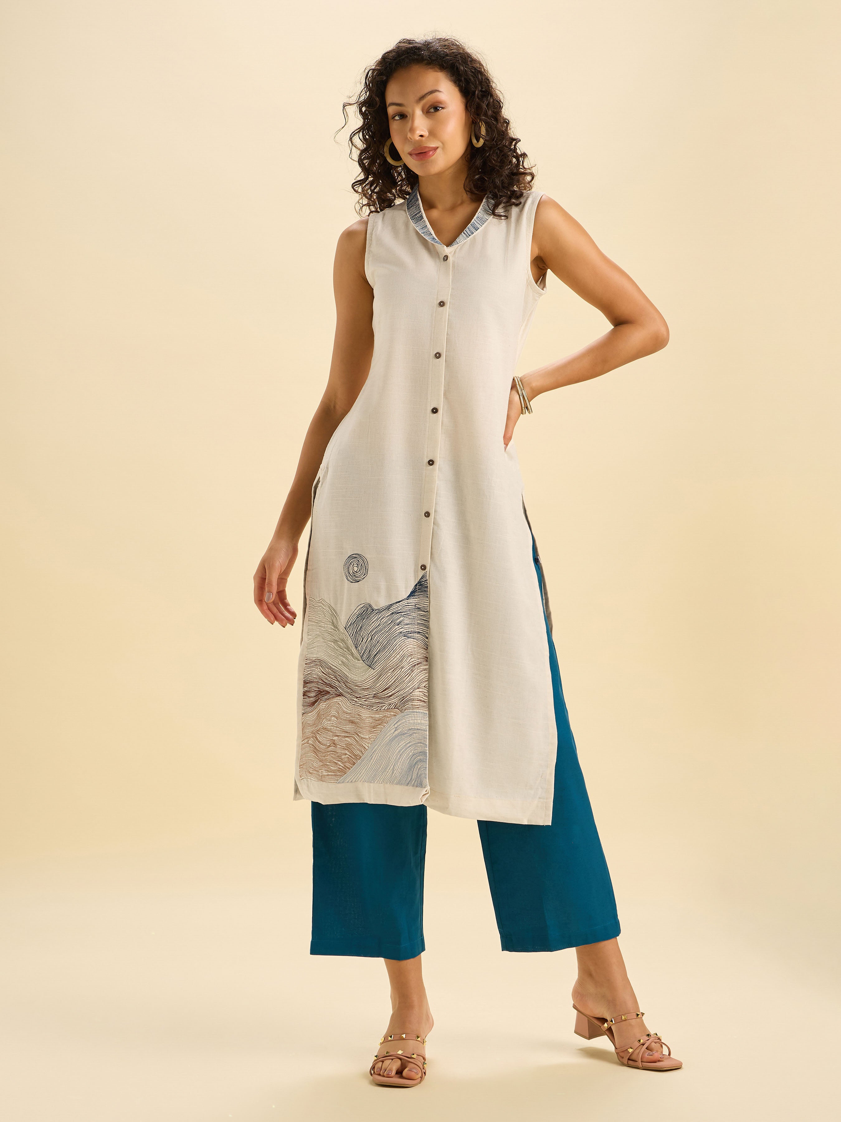 Ivory Cotton Flax Slub Co-Ord Set With Embroidery