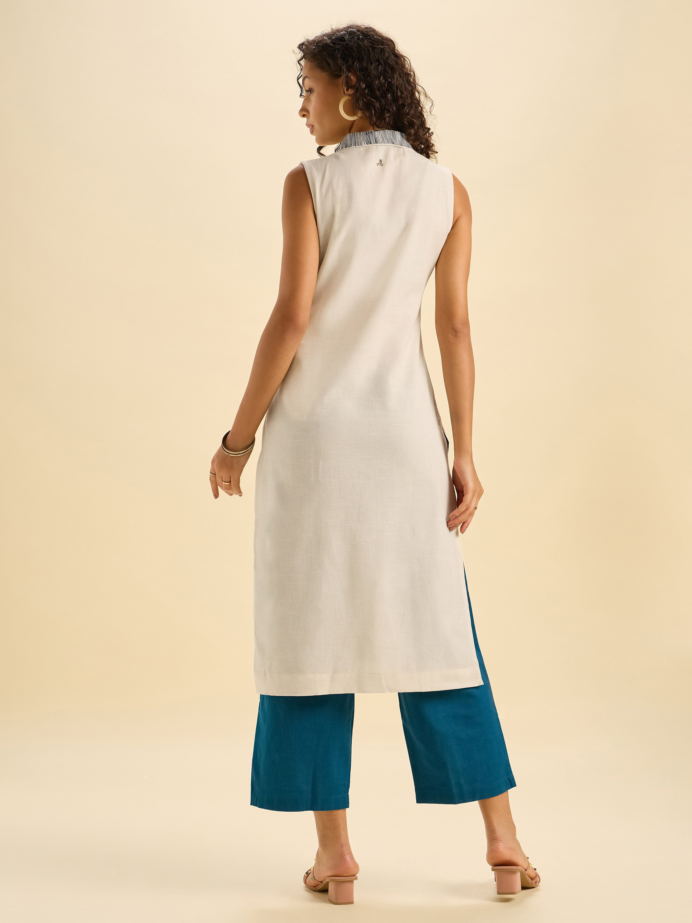 Ivory Cotton Flax Slub Co-Ord Set With Embroidery