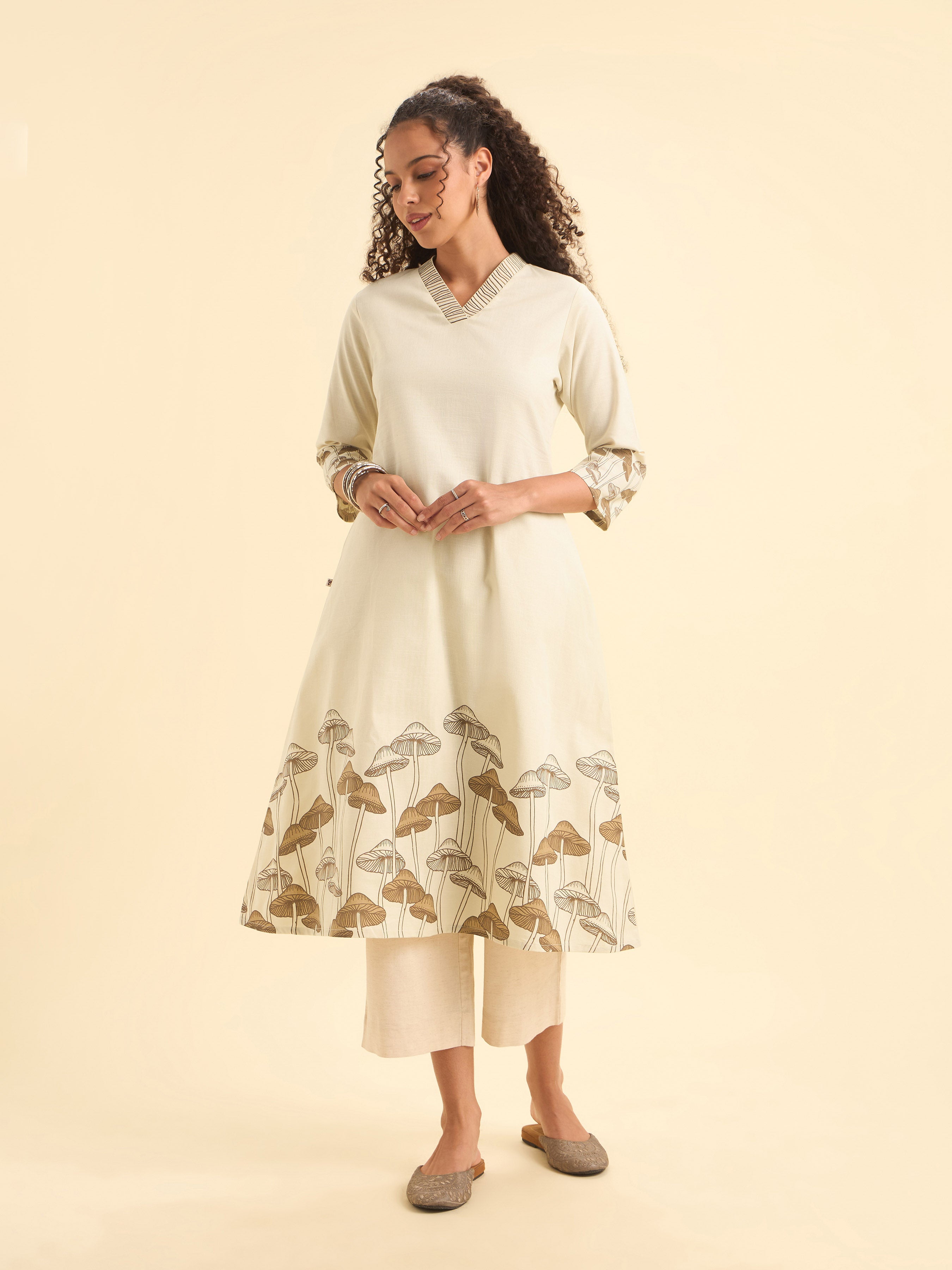 Ivory Cotton Flax Slub Plain Kurti With Placement Prints