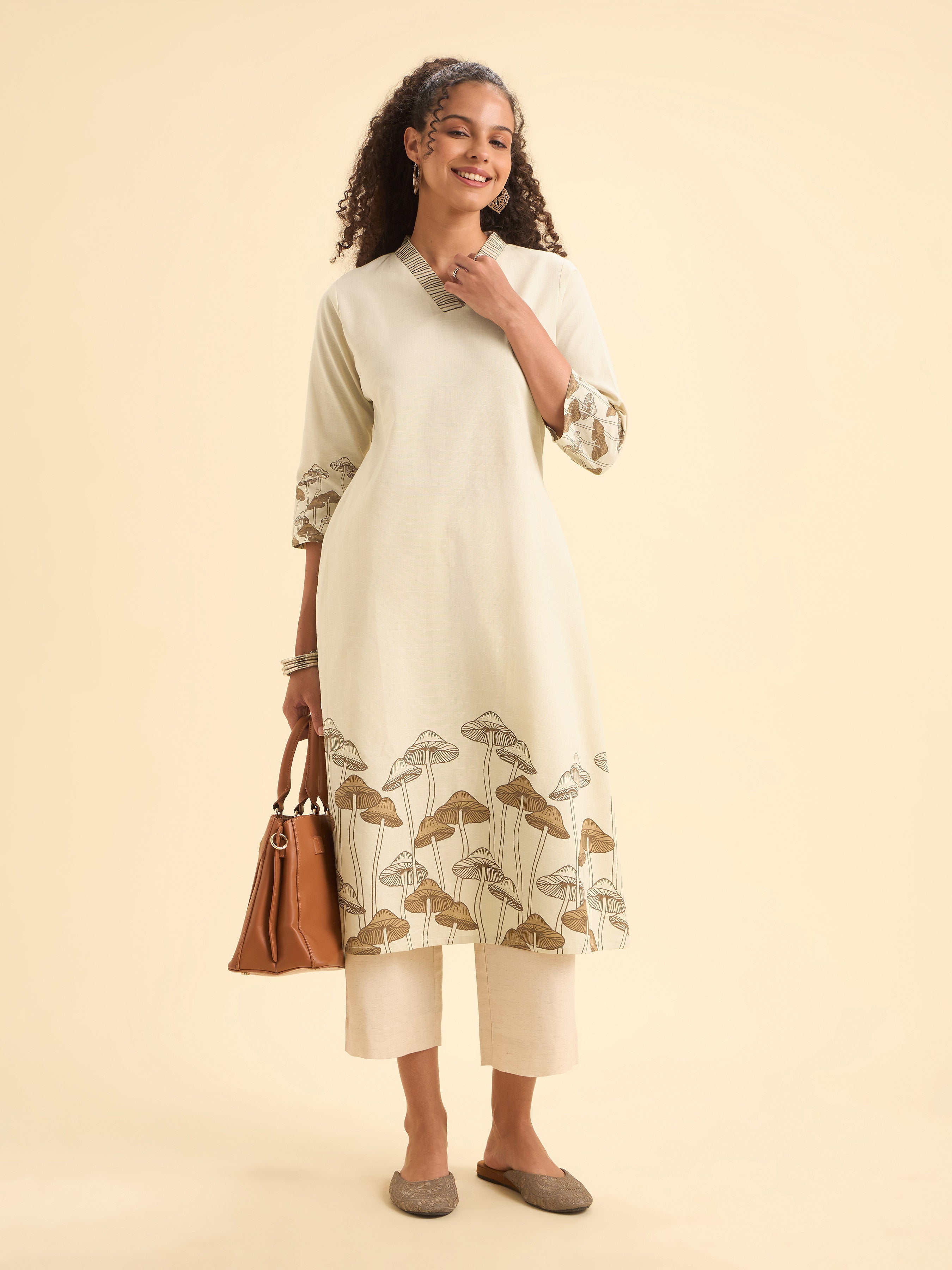 Ivory Cotton Flax Slub Plain Kurti With Placement Prints