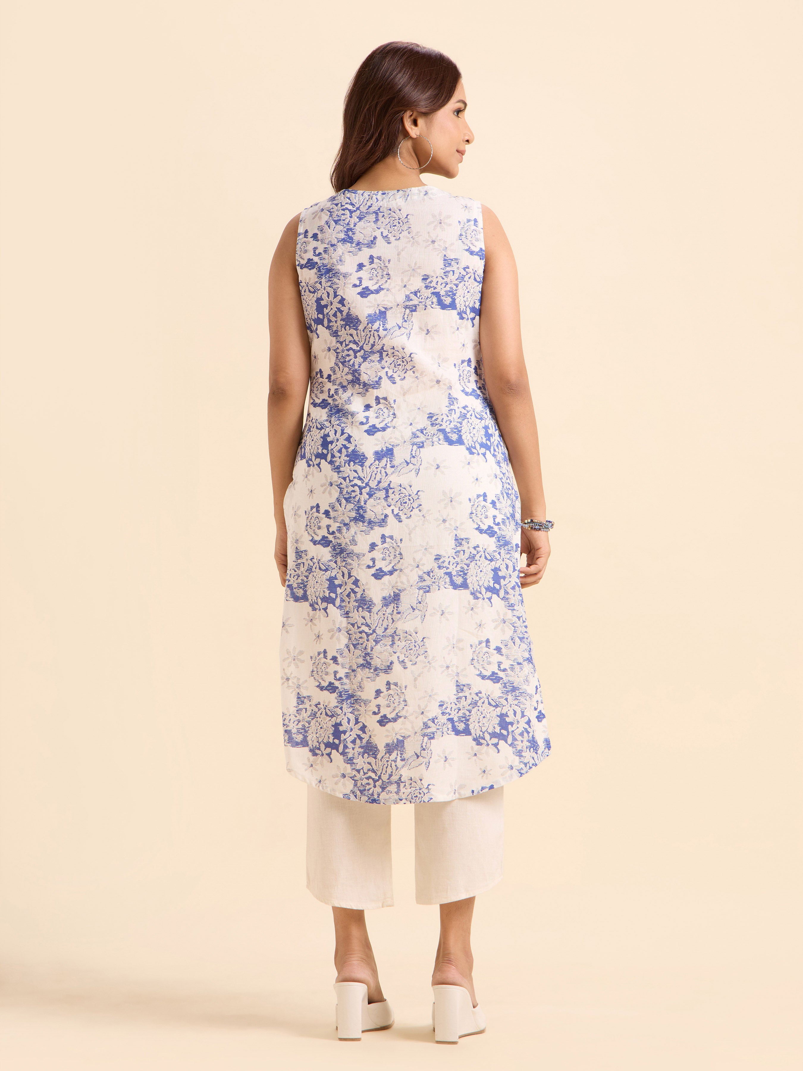 Ivory Denim Blue Cotton Flax Printed Slitted Kurti
