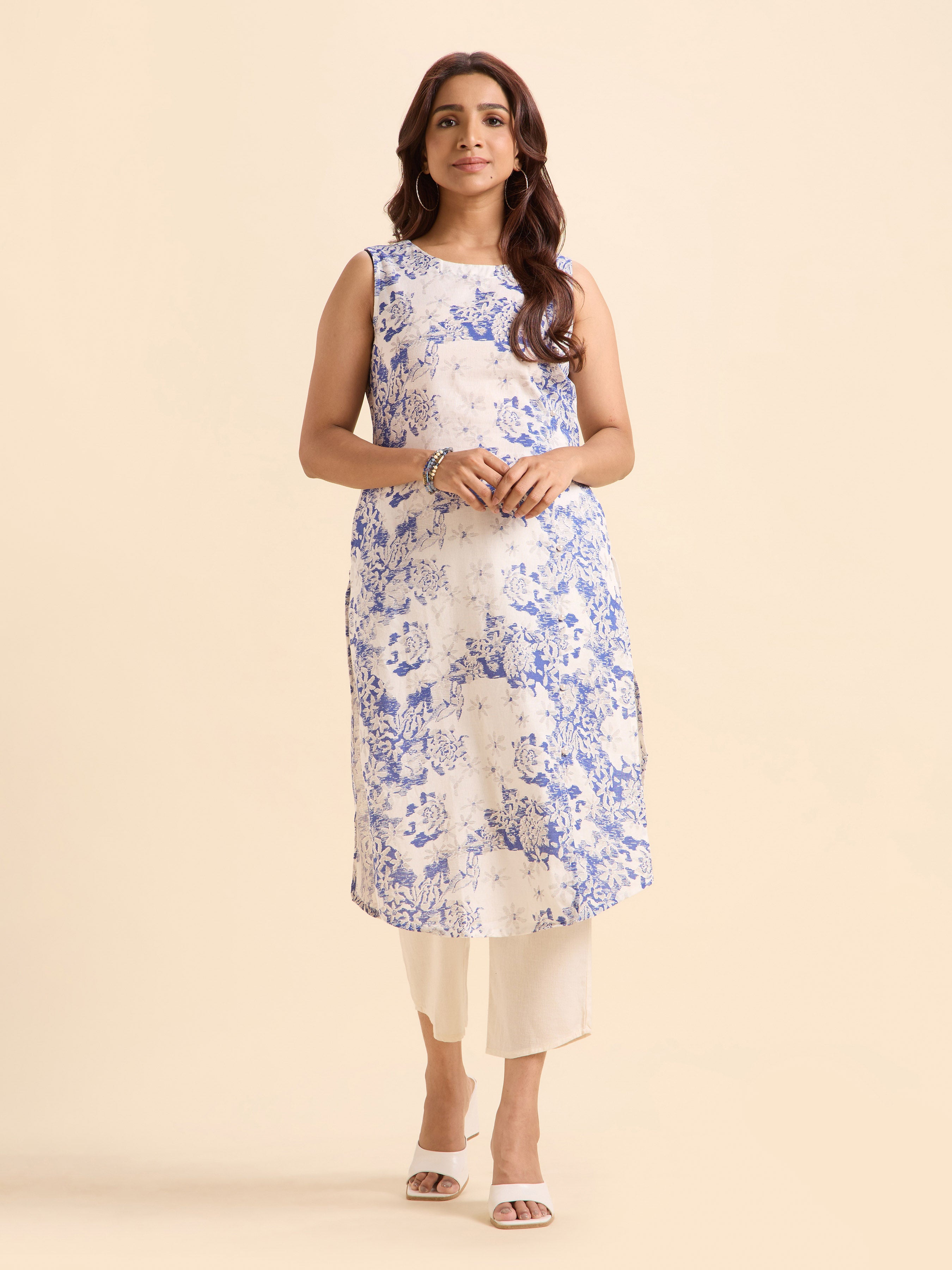 Ivory Denim Blue Cotton Flax Printed Slitted Kurti