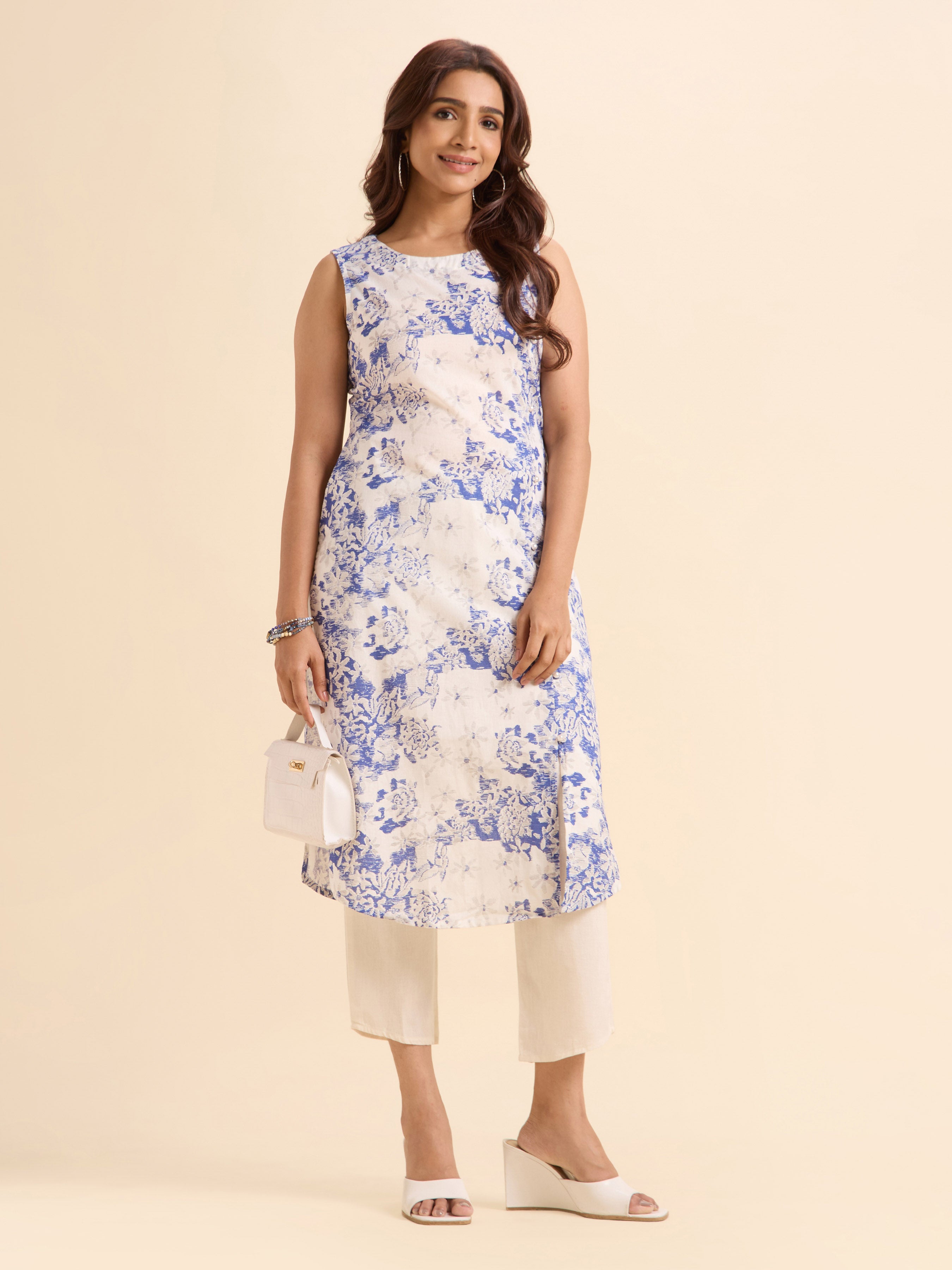 Ivory Denim Blue Cotton Flax Printed Slitted Kurti
