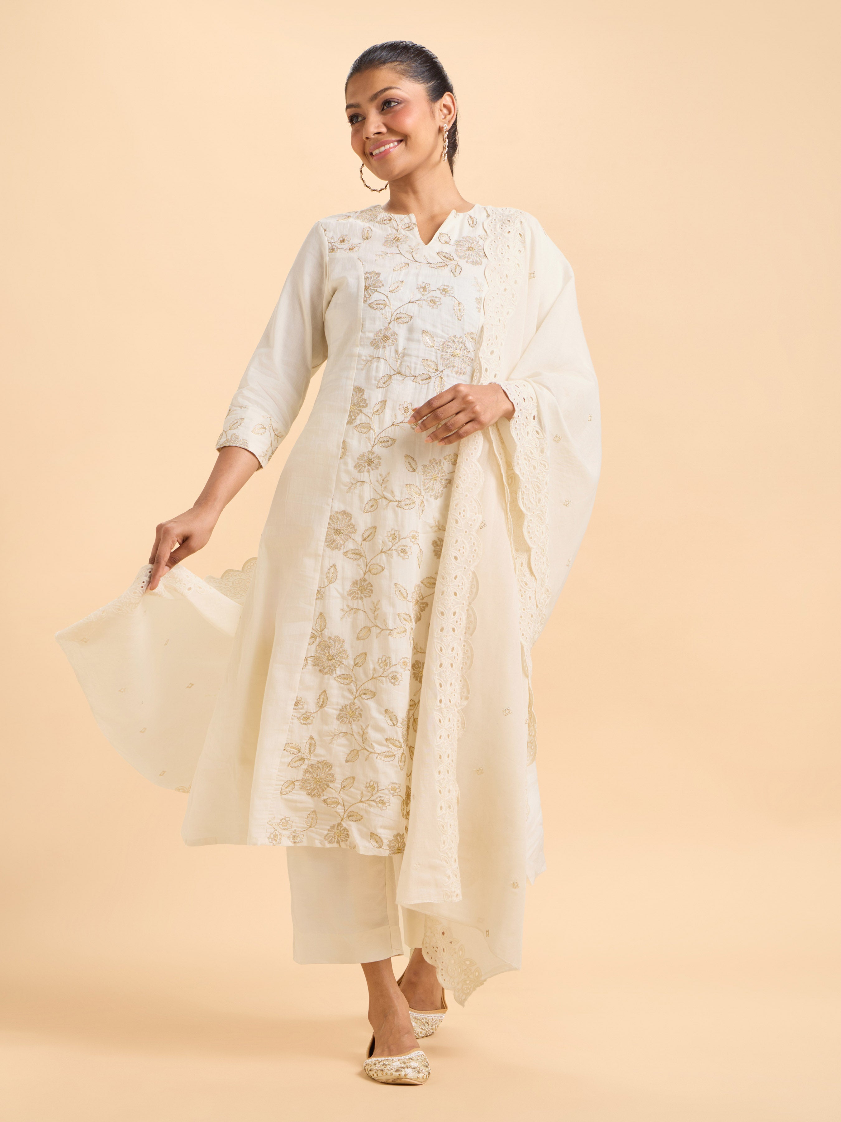 Ivory Gold Pure Cotton Plain Flared Princess Cut Kurti Set With Sequins Embroidery And Dupatta