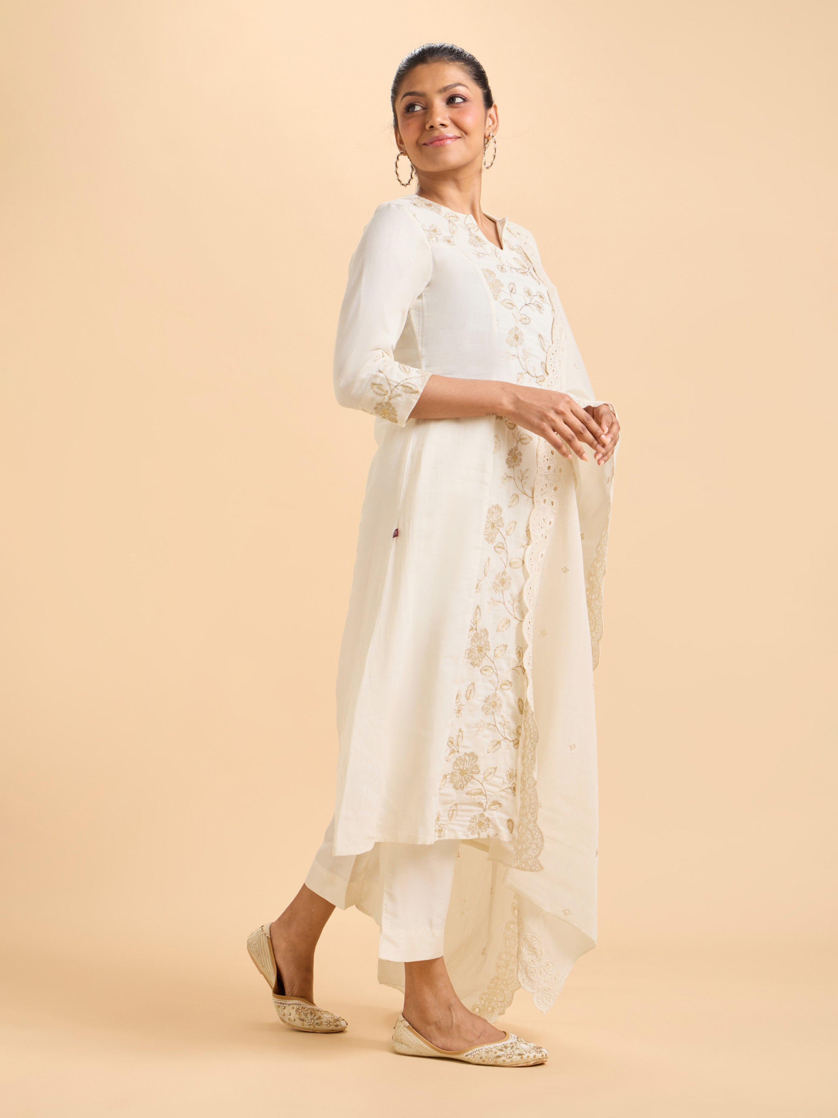 Ivory Gold Pure Cotton Plain Flared Princess Cut Kurti Set With Sequins Embroidery And Dupatta