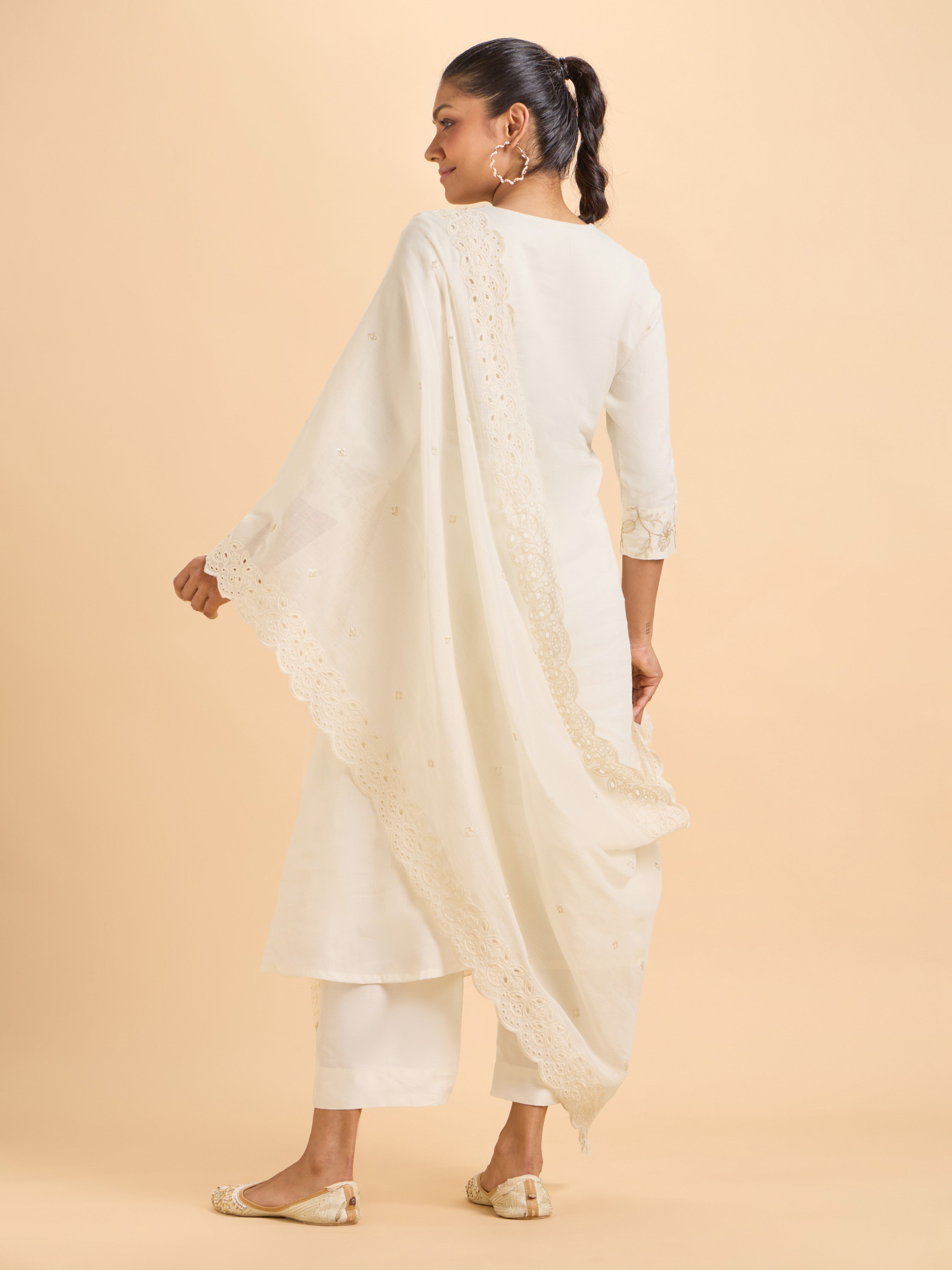 Ivory Gold Pure Cotton Plain Flared Princess Cut Kurti Set With Sequins Embroidery And Dupatta