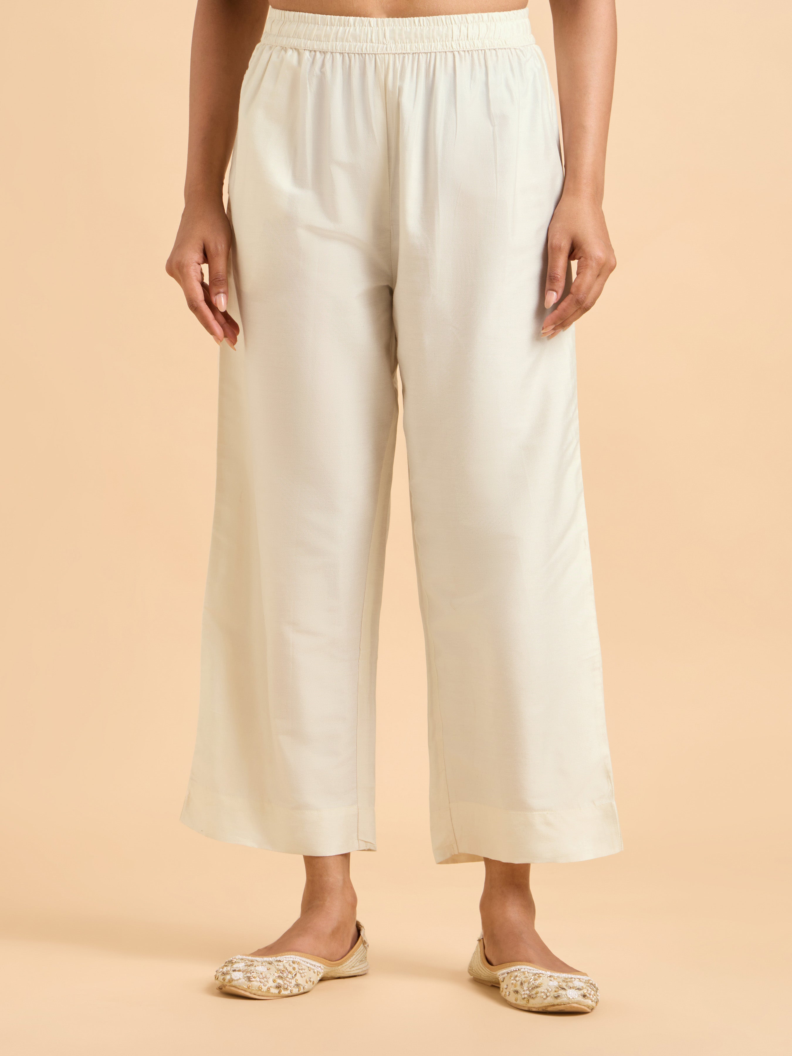 Ivory Gold Pure Cotton Plain Flared Princess Cut Kurti Set With Sequins Embroidery And Dupatta