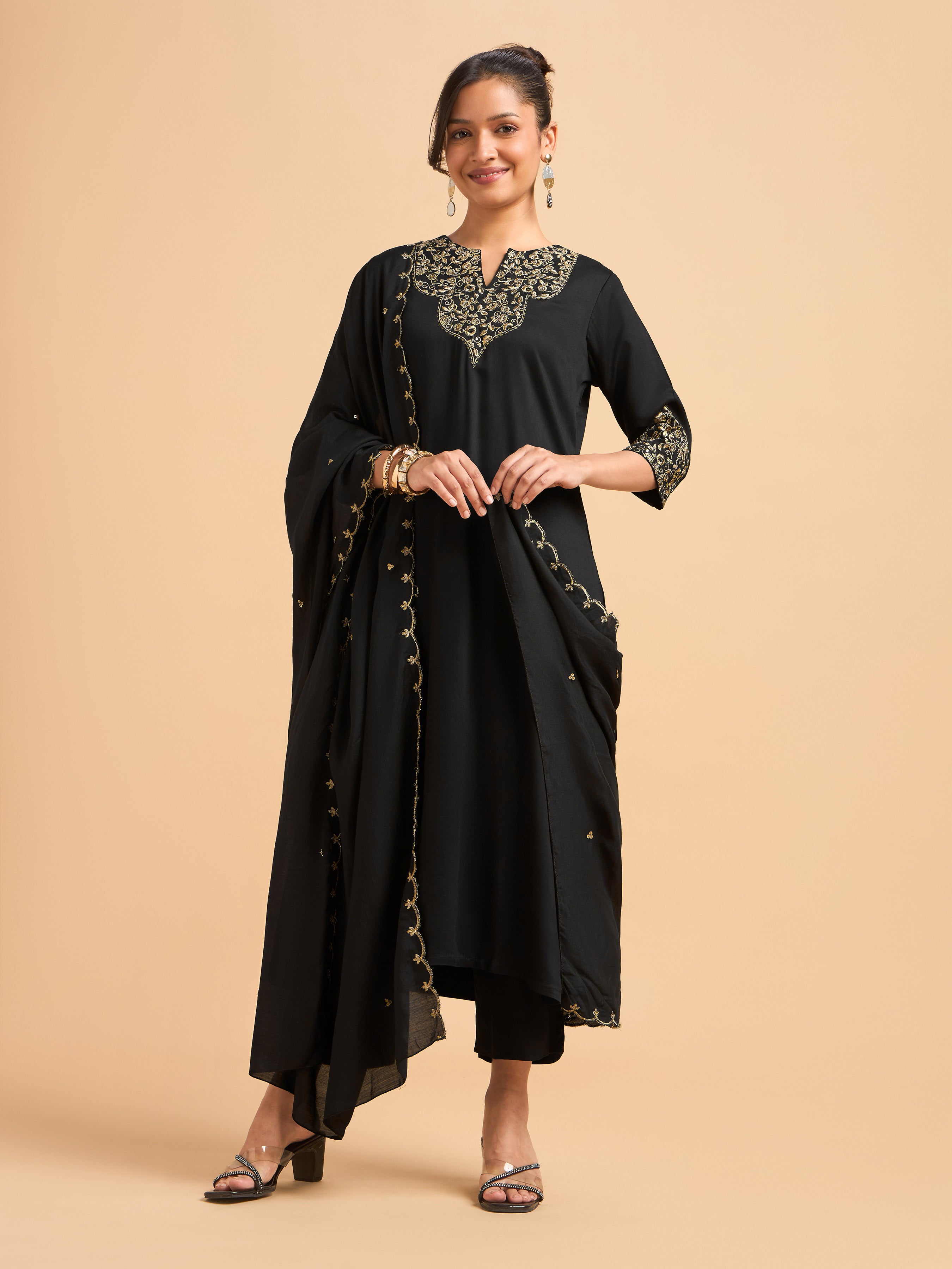 Black Viscose Satin Plain Kurti Set With Sequins Embroidery And Embroidered Dupatta