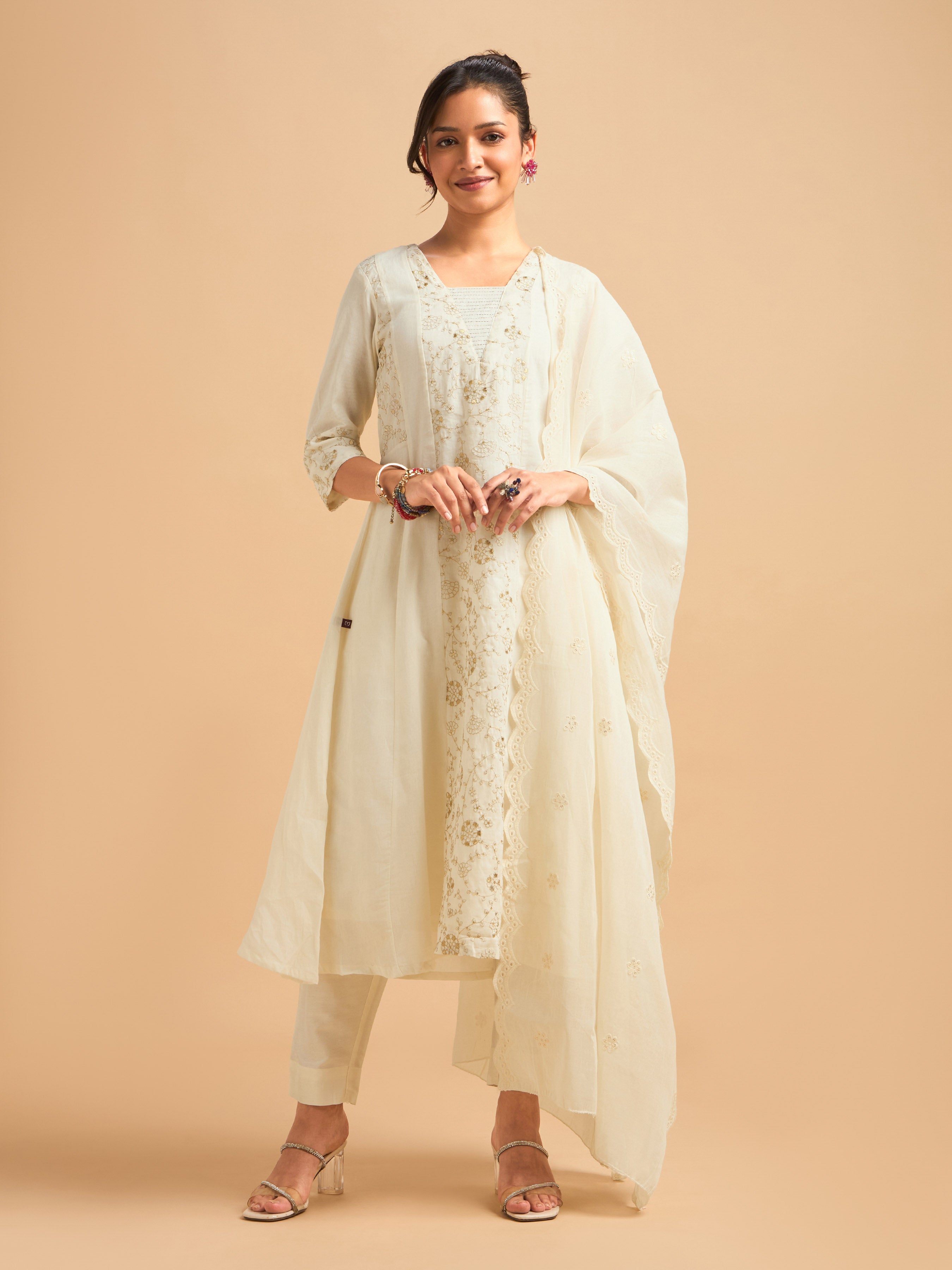 Ivory Gold Pure Cotton Plain Flared Kali Cut Kurti Set With Sequins Embroidery And Dupatta