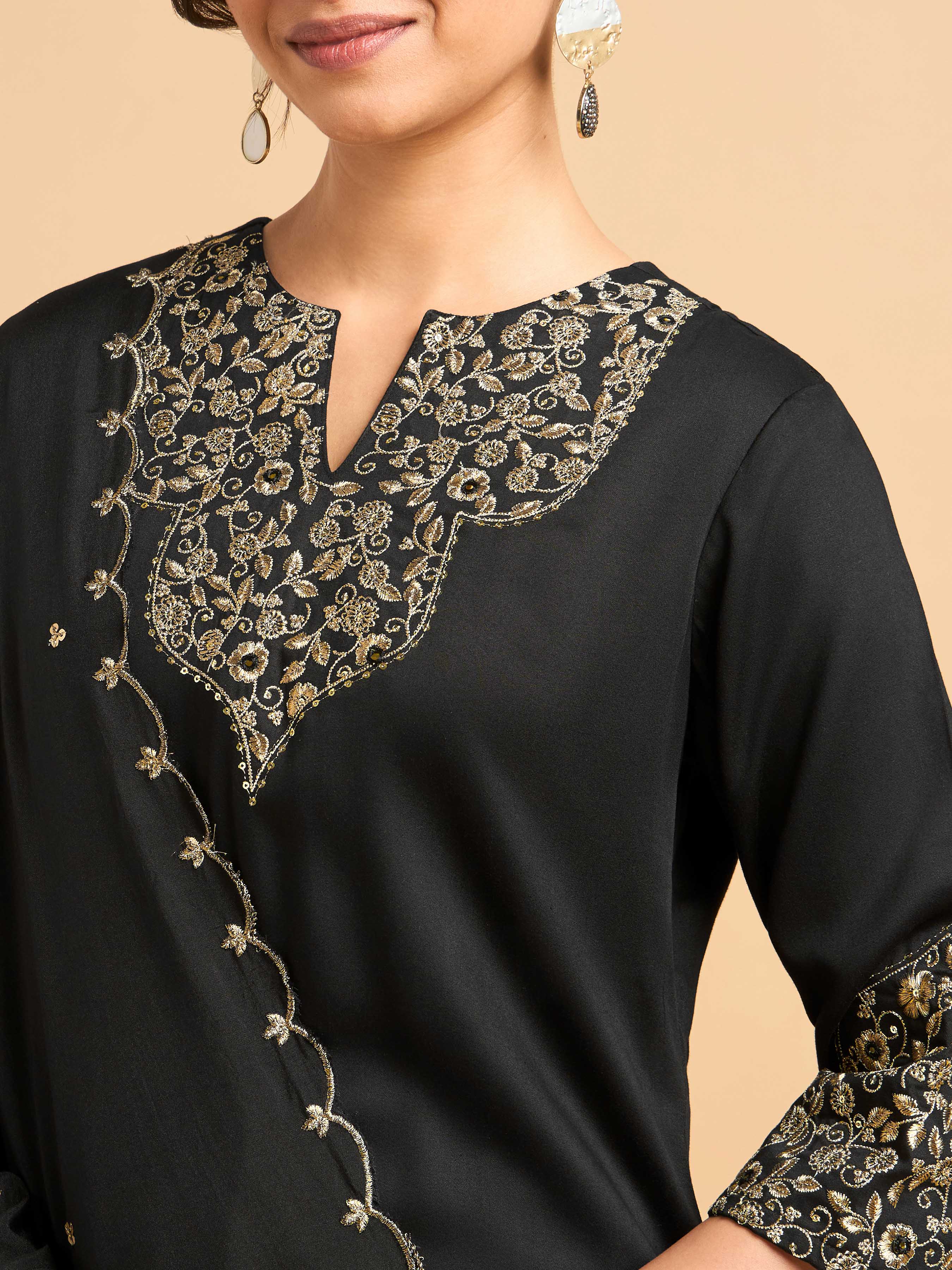 Black Viscose Satin Plain Kurti Set With Sequins Embroidery And Embroidered Dupatta