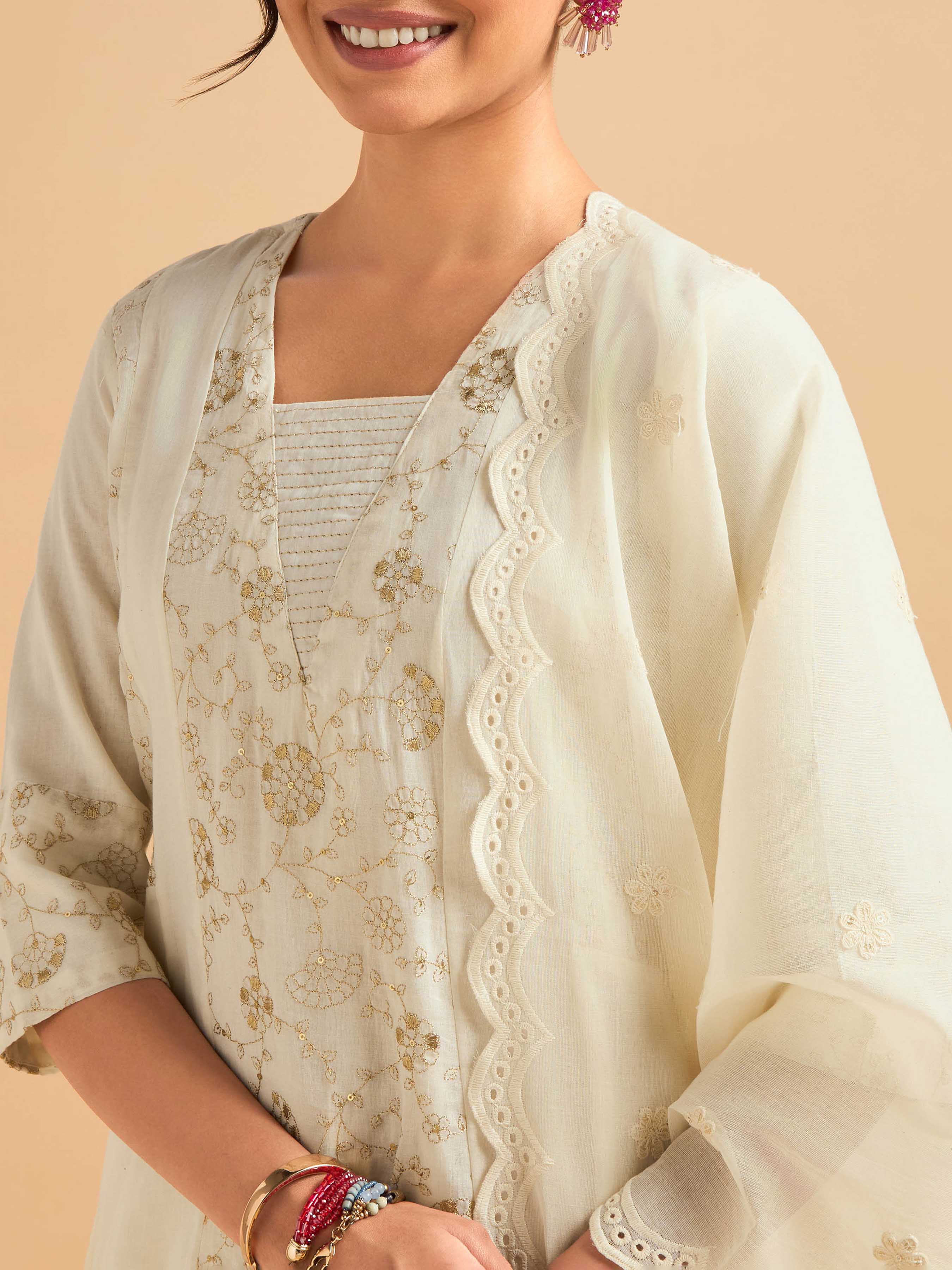 Ivory Gold Pure Cotton Plain Flared Kali Cut Kurti Set With Sequins Embroidery And Dupatta