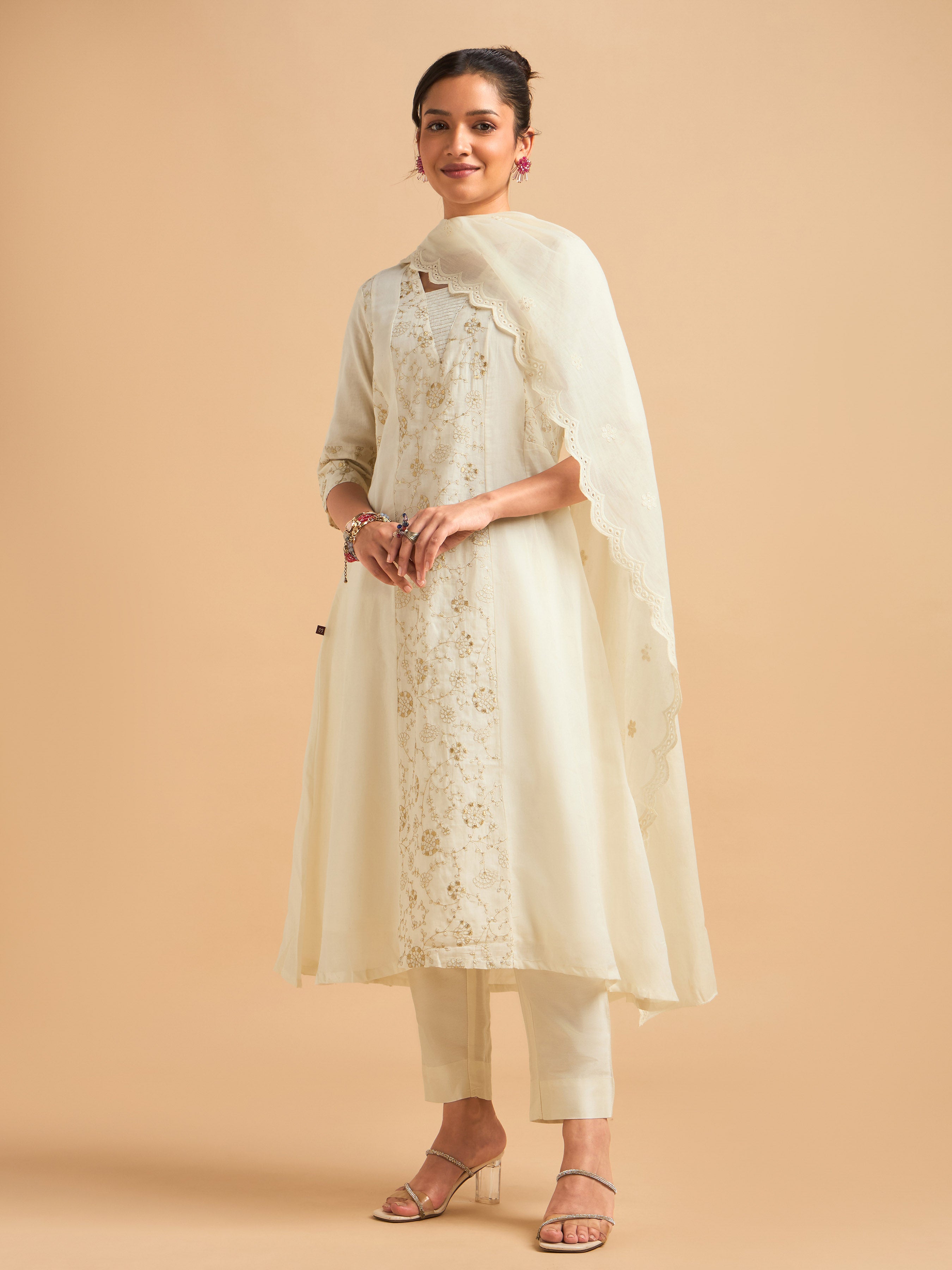 Ivory Gold Pure Cotton Plain Flared Kali Cut Kurti Set With Sequins Embroidery And Dupatta