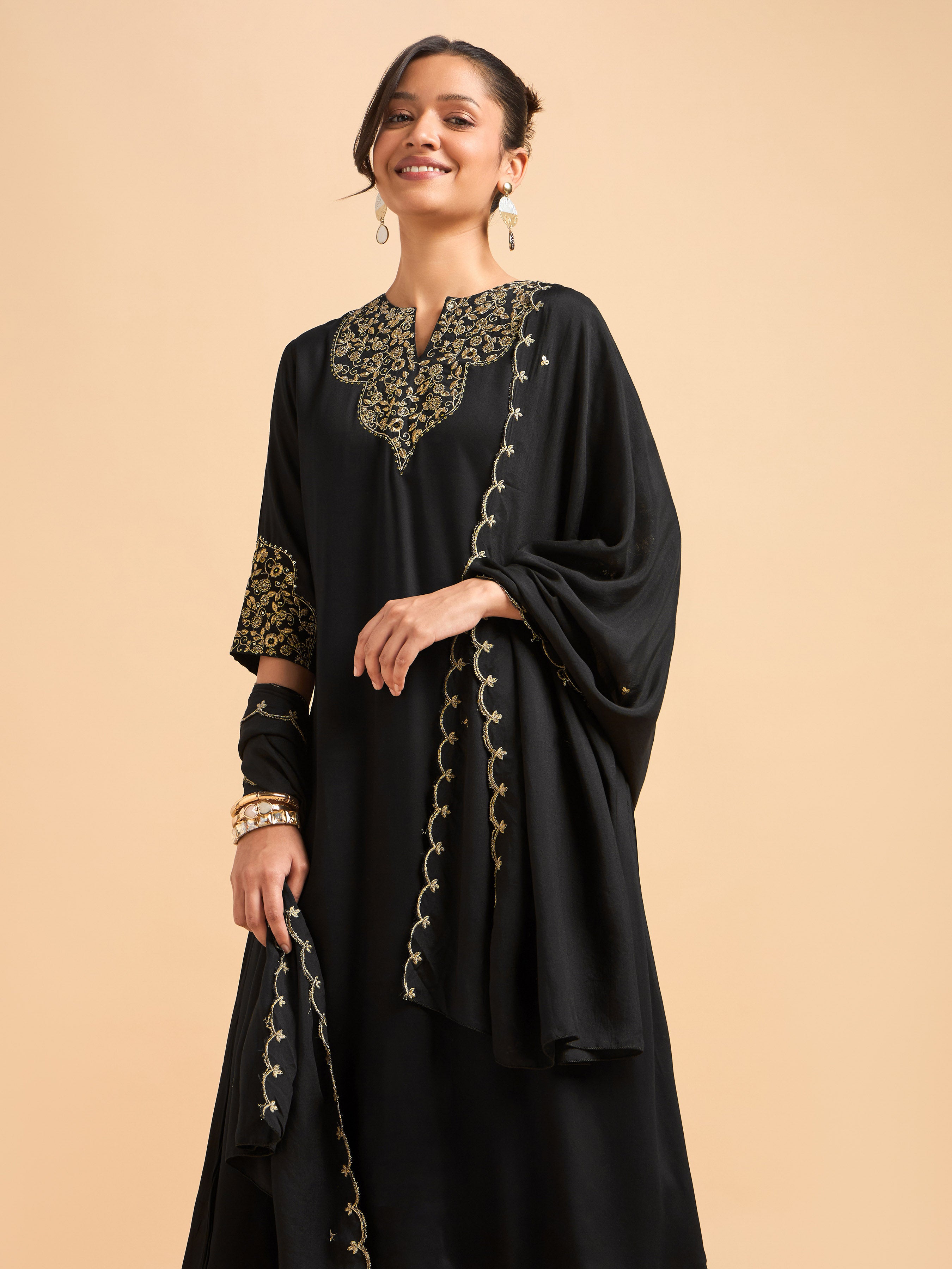 Black Viscose Satin Plain Kurti Set With Sequins Embroidery And Embroidered Dupatta