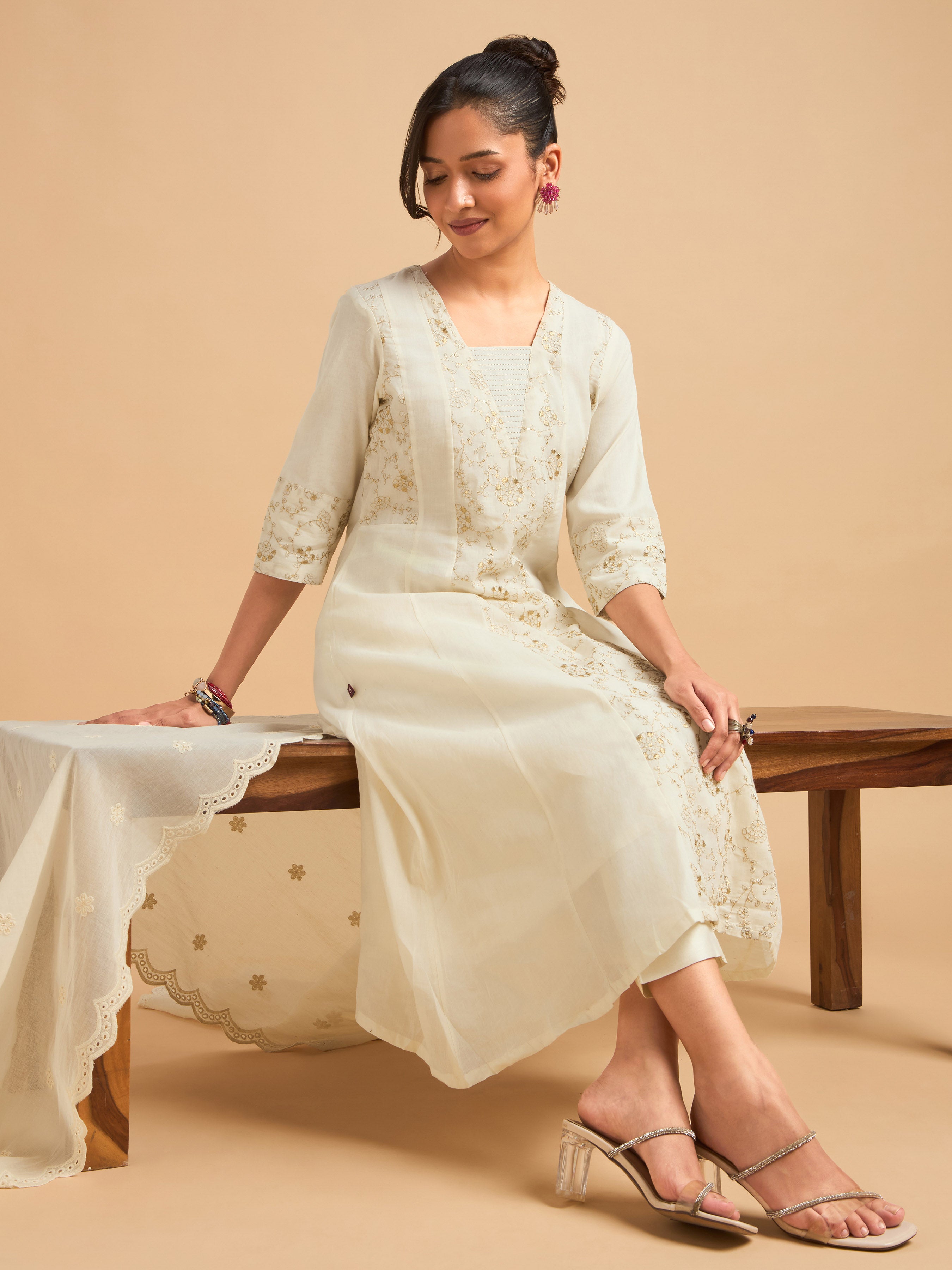 Ivory Gold Pure Cotton Plain Flared Kali Cut Kurti Set With Sequins Embroidery And Dupatta