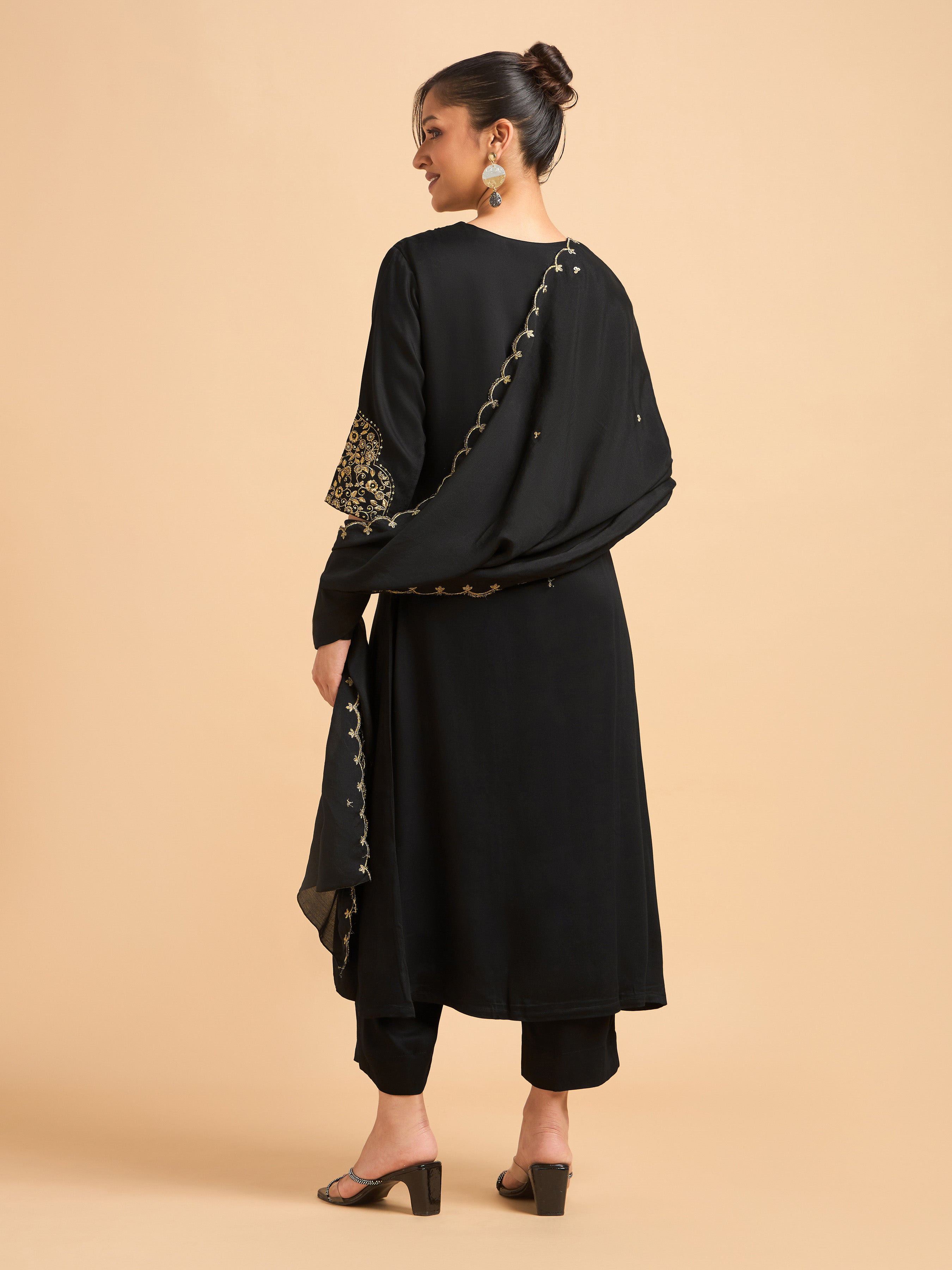 Black Viscose Satin Plain Kurti Set With Sequins Embroidery And Embroidered Dupatta