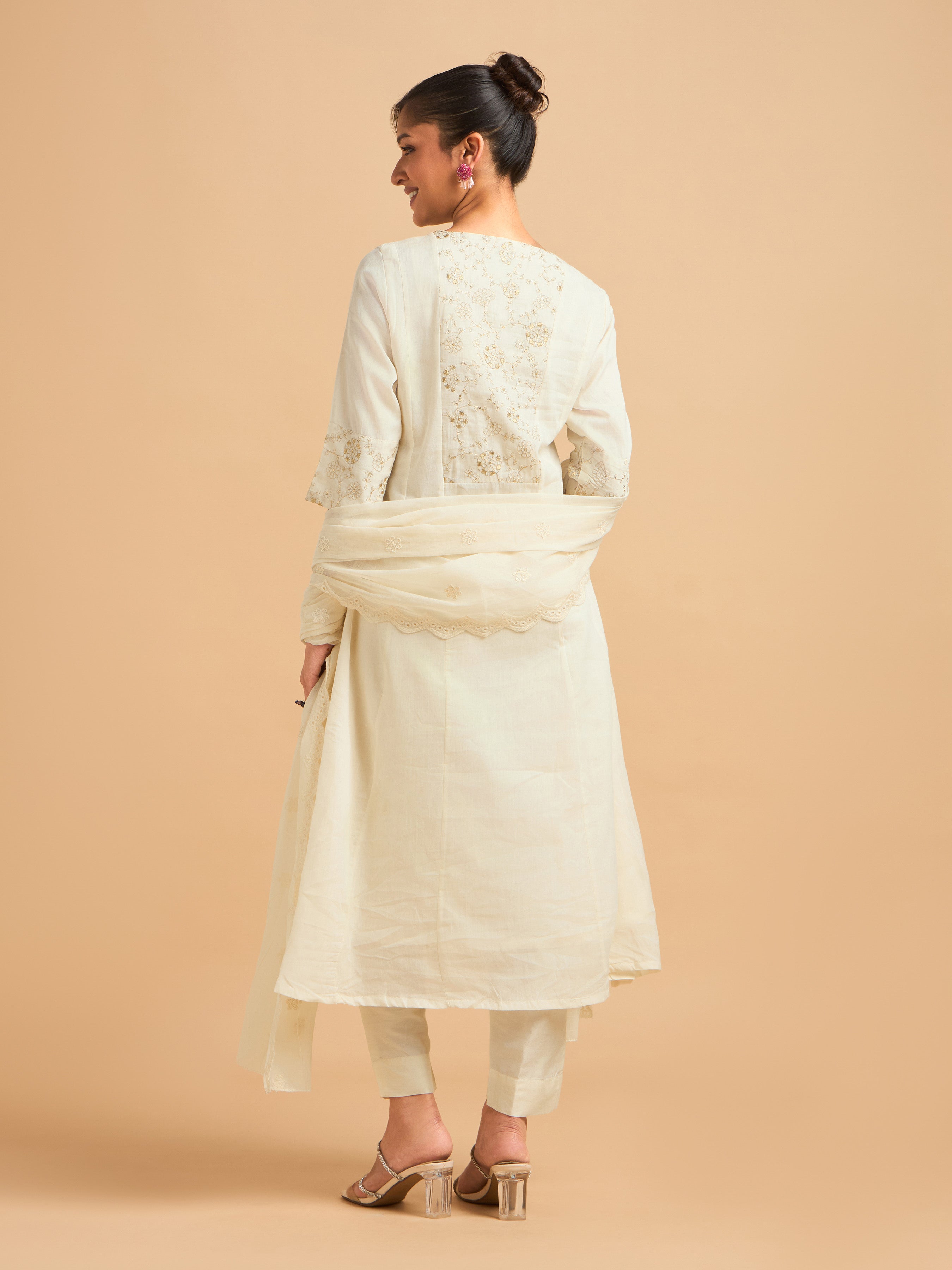 Ivory Gold Pure Cotton Plain Flared Kali Cut Kurti Set With Sequins Embroidery And Dupatta
