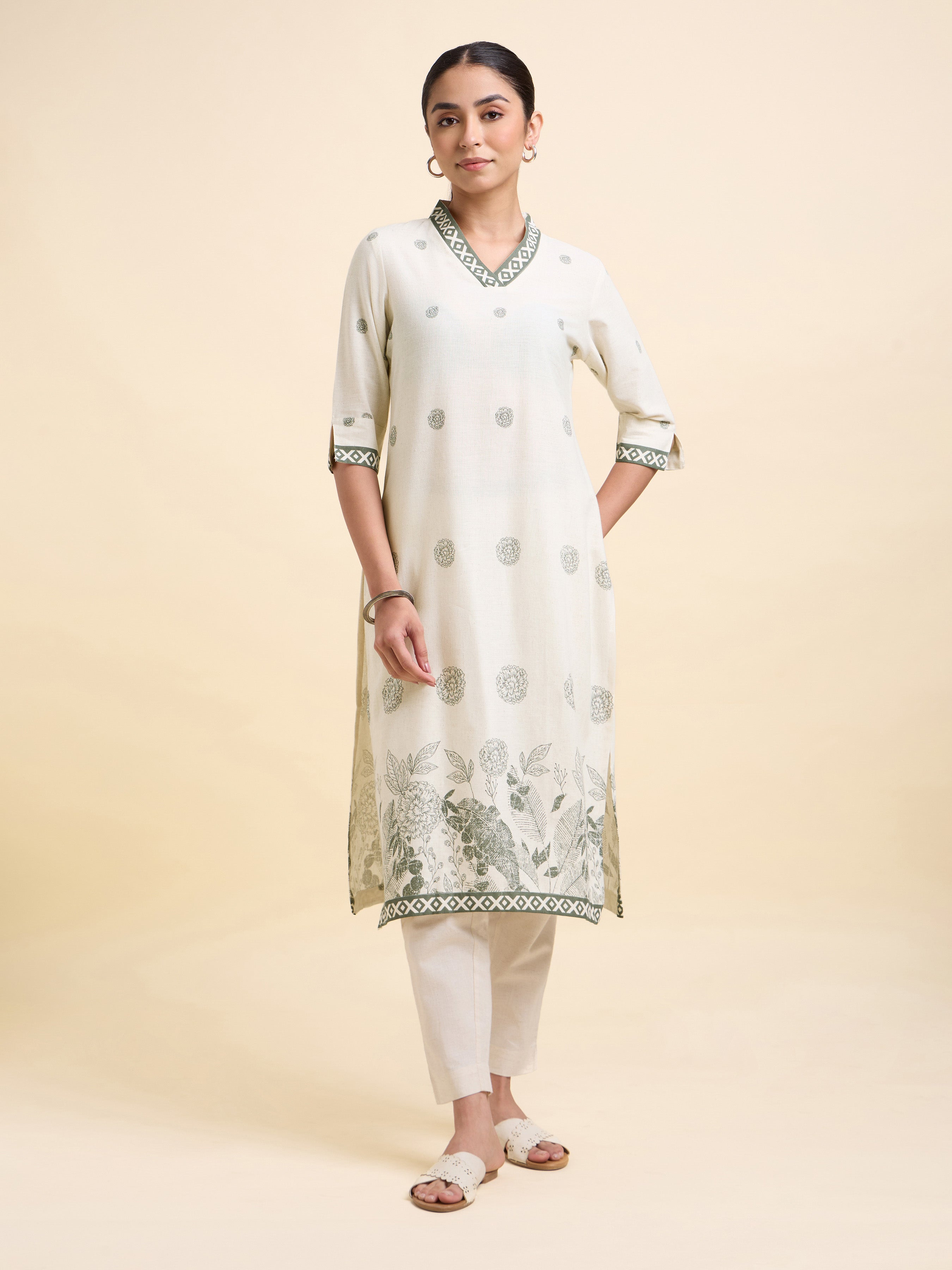 Ivory Grey Coloured Cotton Flax Printed Slitted Kurti
