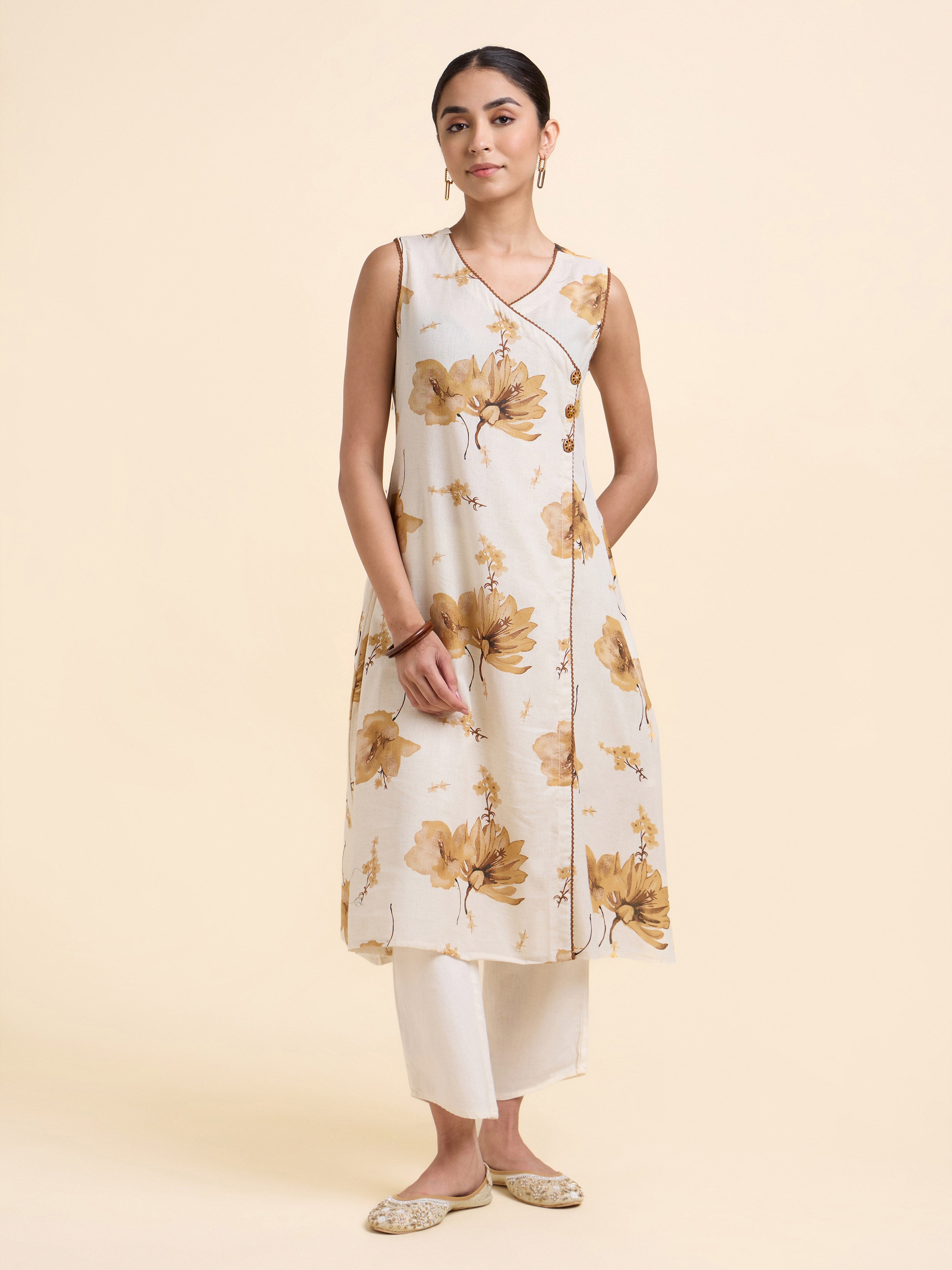 Ivory Multi Colour Cotton Flax Printed Flared Angrakha Cut Kurti With Lace