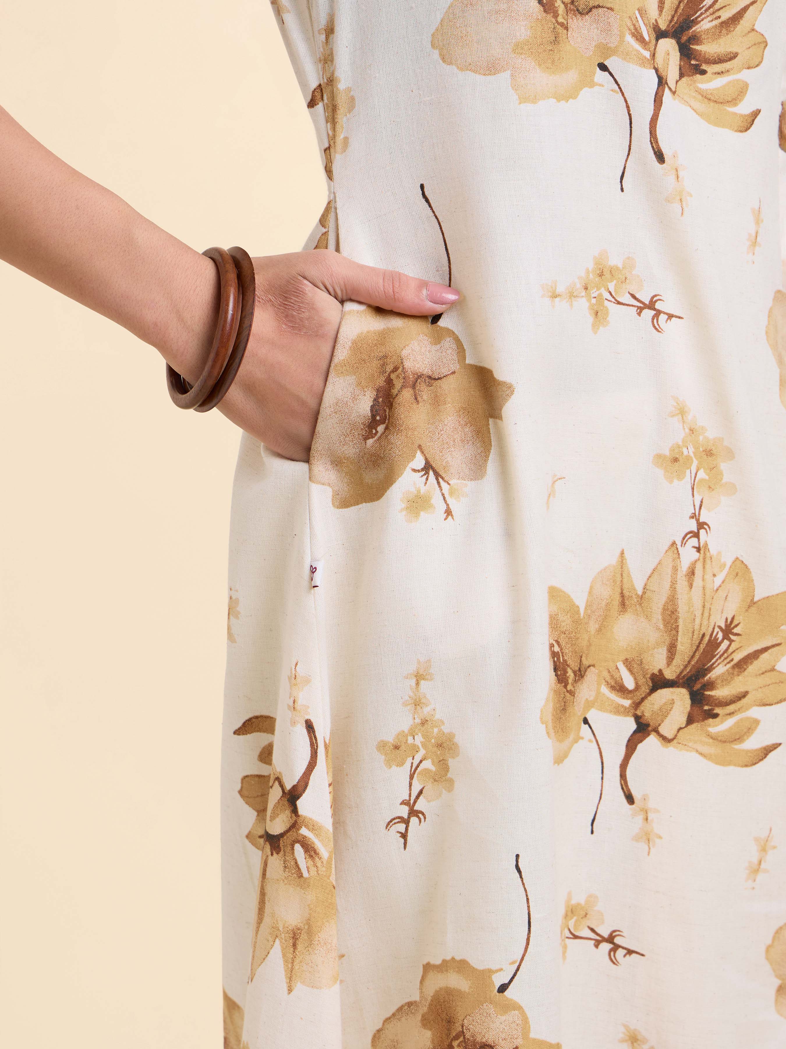 Ivory Multi Colour Cotton Flax Printed Flared Angrakha Cut Kurti With Lace