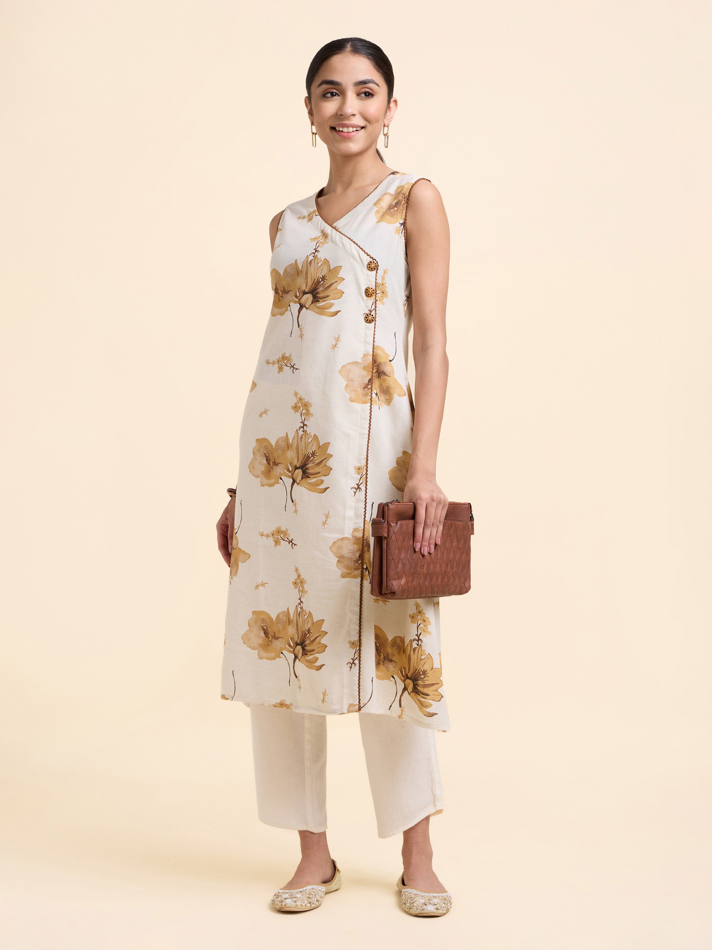 Ivory Multi Colour Cotton Flax Printed Flared Angrakha Cut Kurti With Lace