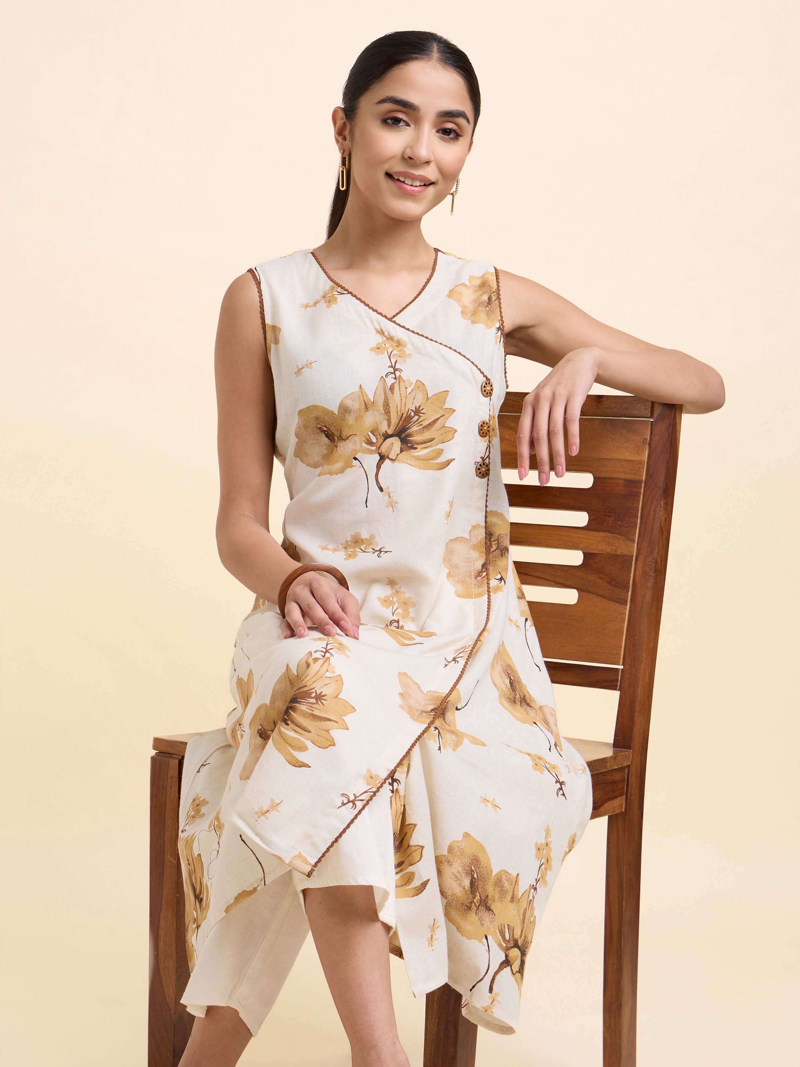 Ivory Multi Colour Cotton Flax Printed Flared Angrakha Cut Kurti With Lace