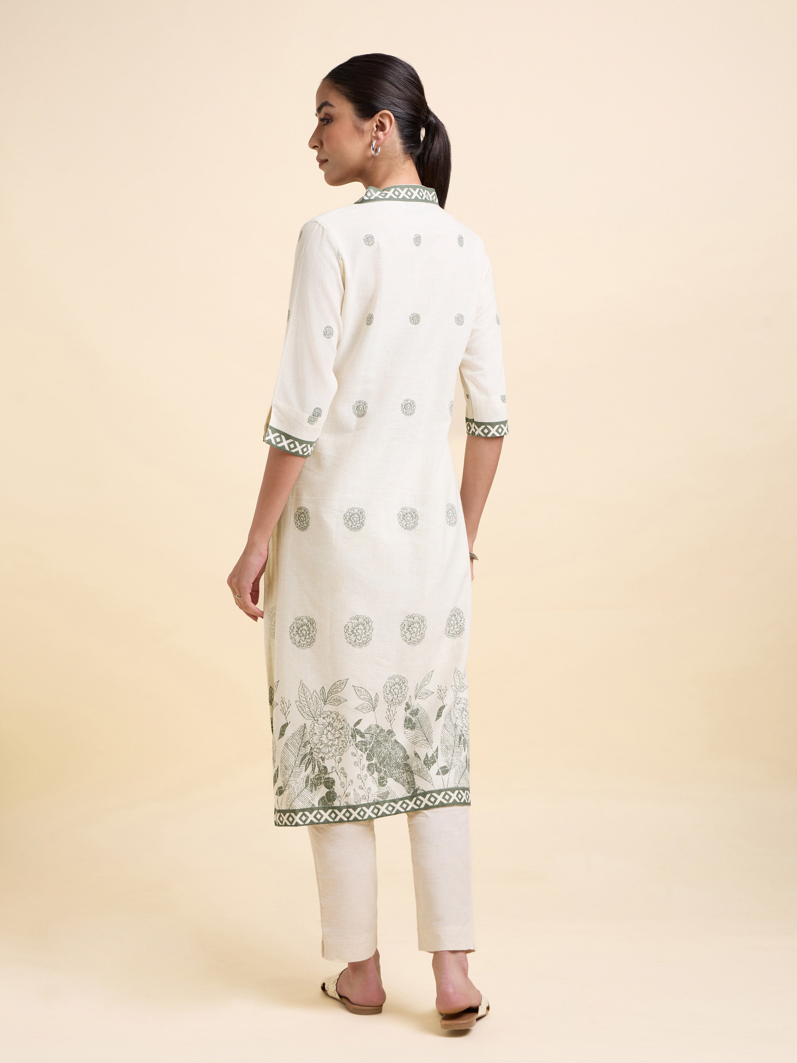 Ivory Grey Coloured Cotton Flax Printed Slitted Kurti