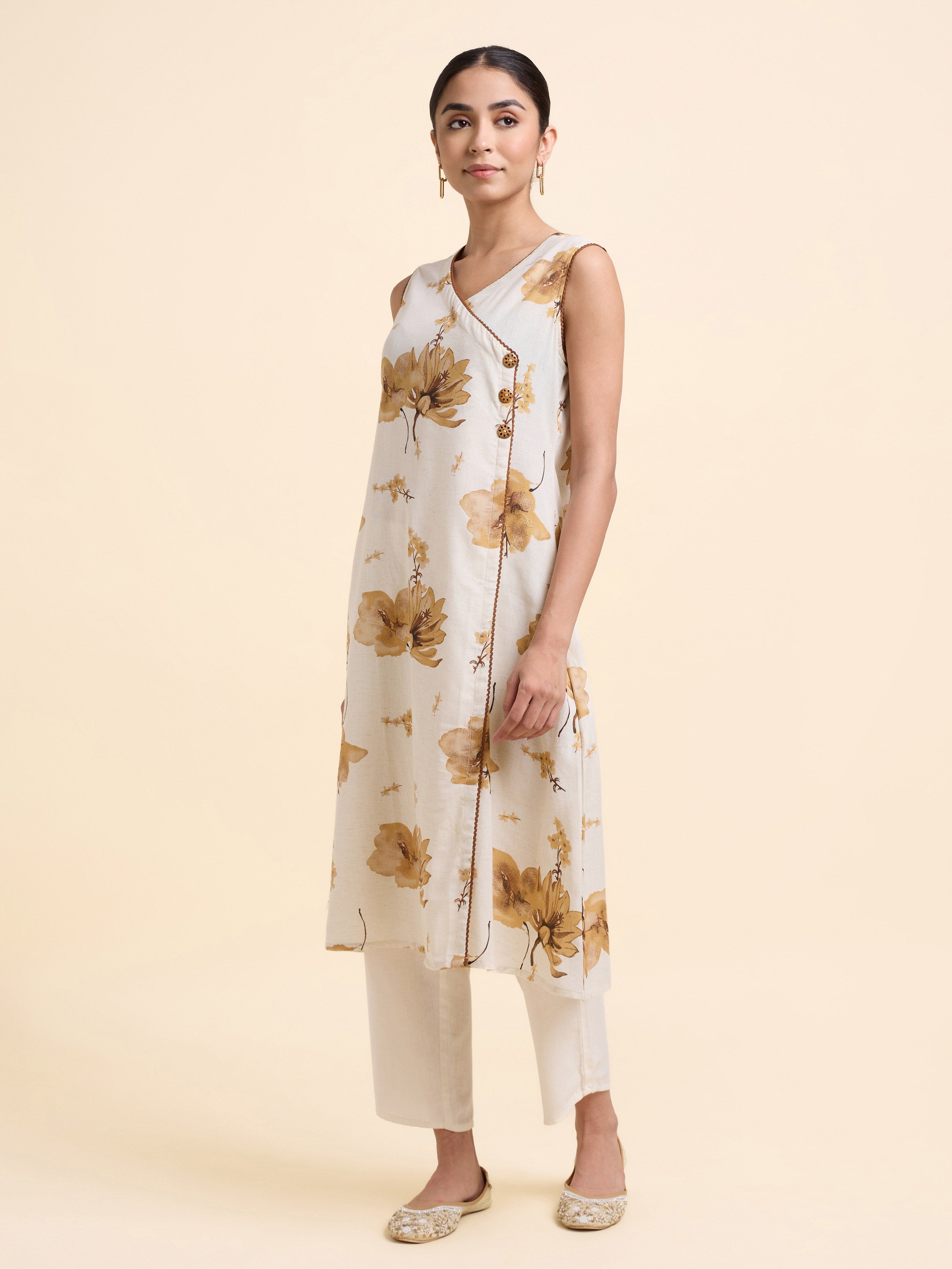 Ivory Multi Colour Cotton Flax Printed Flared Angrakha Cut Kurti With Lace