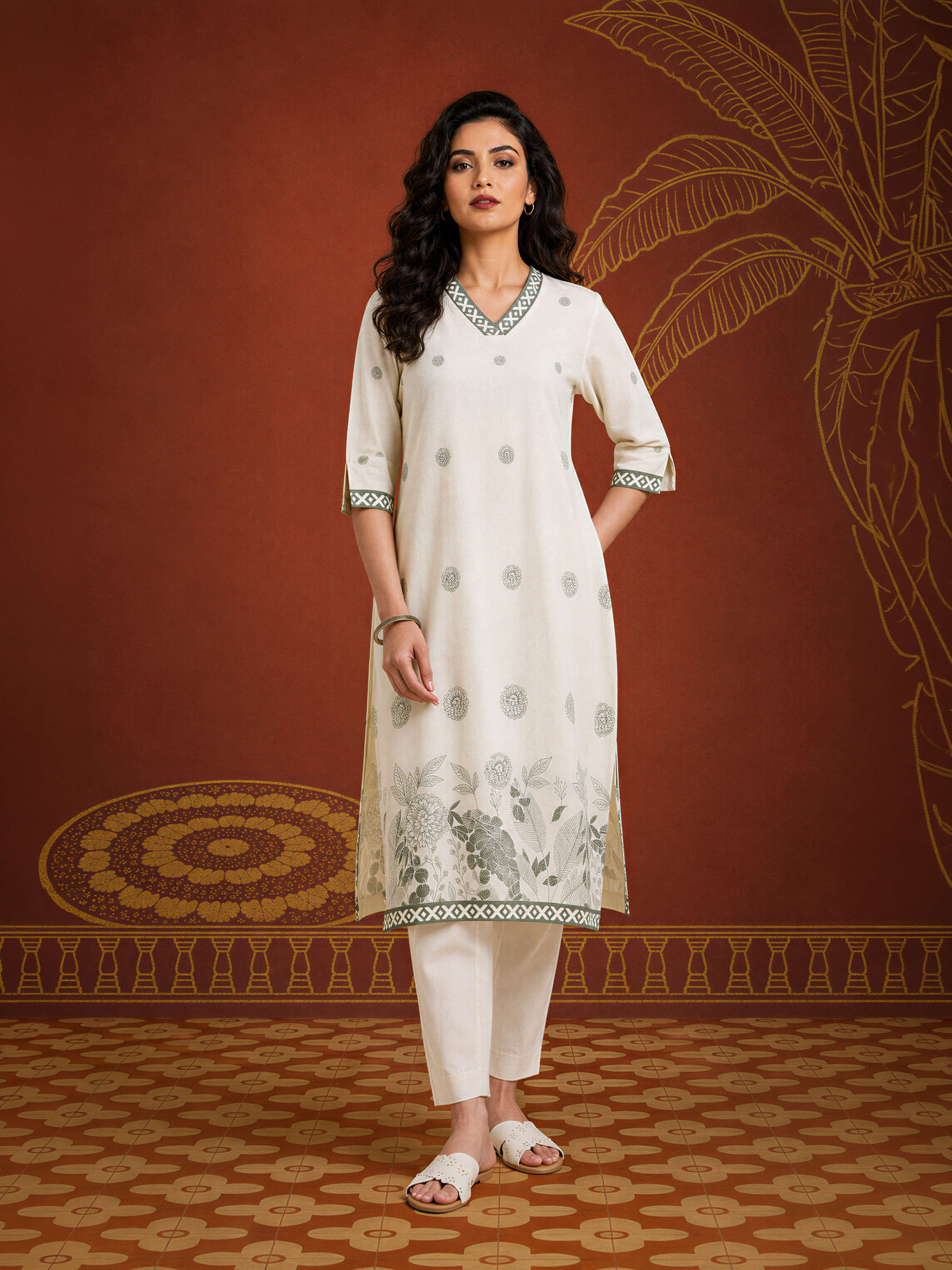 Ivory Grey Coloured Cotton Flax Printed Slitted Kurti