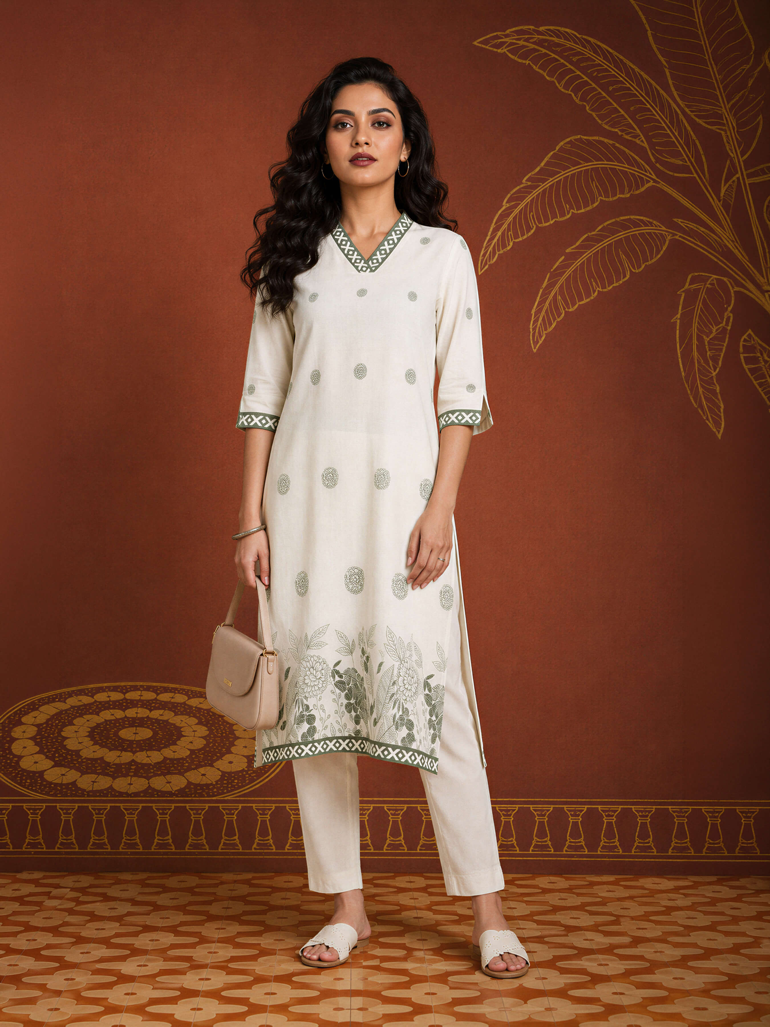 Ivory Grey Coloured Cotton Flax Printed Slitted Kurti