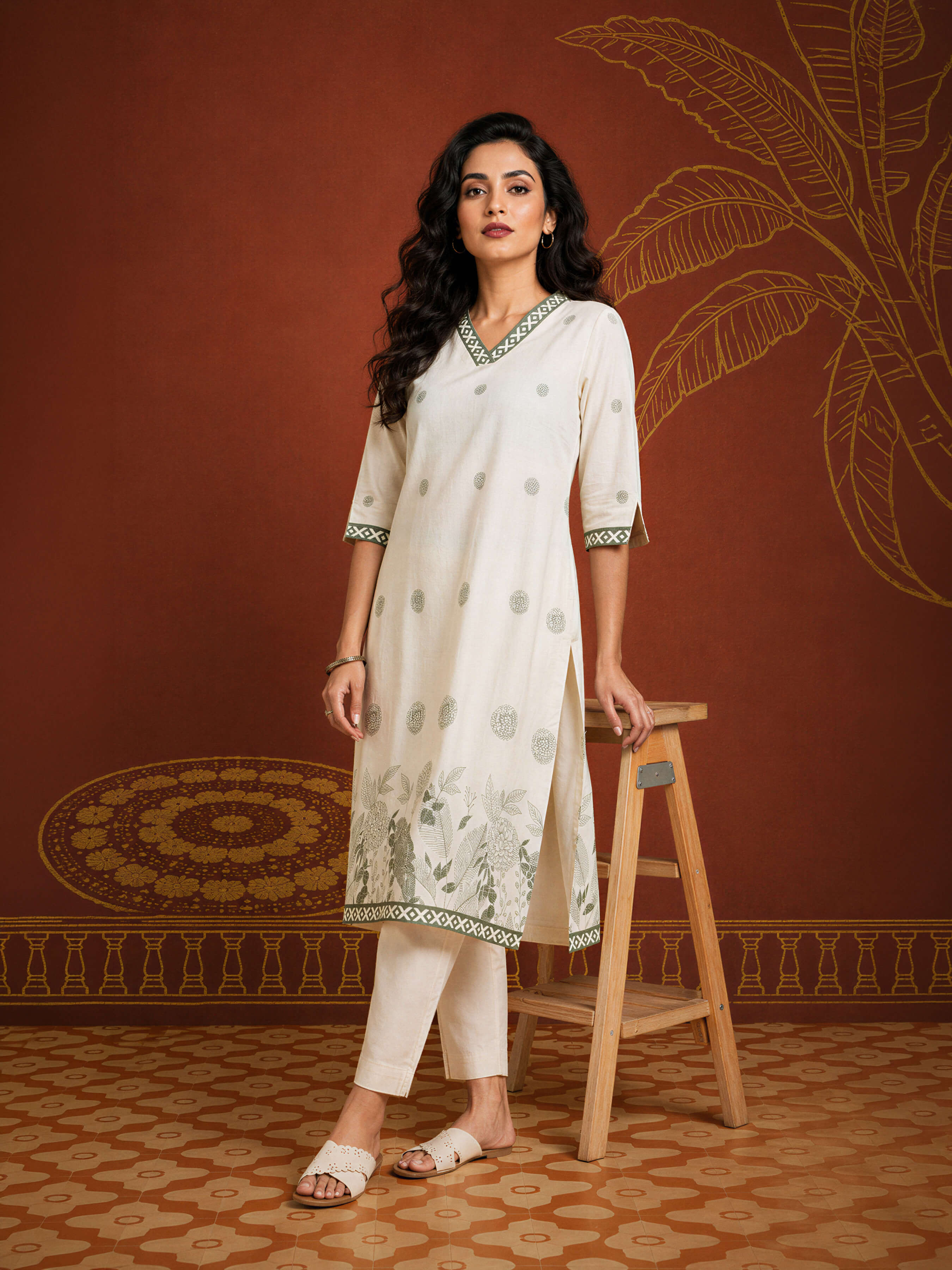 Ivory Grey Coloured Cotton Flax Printed Slitted Kurti