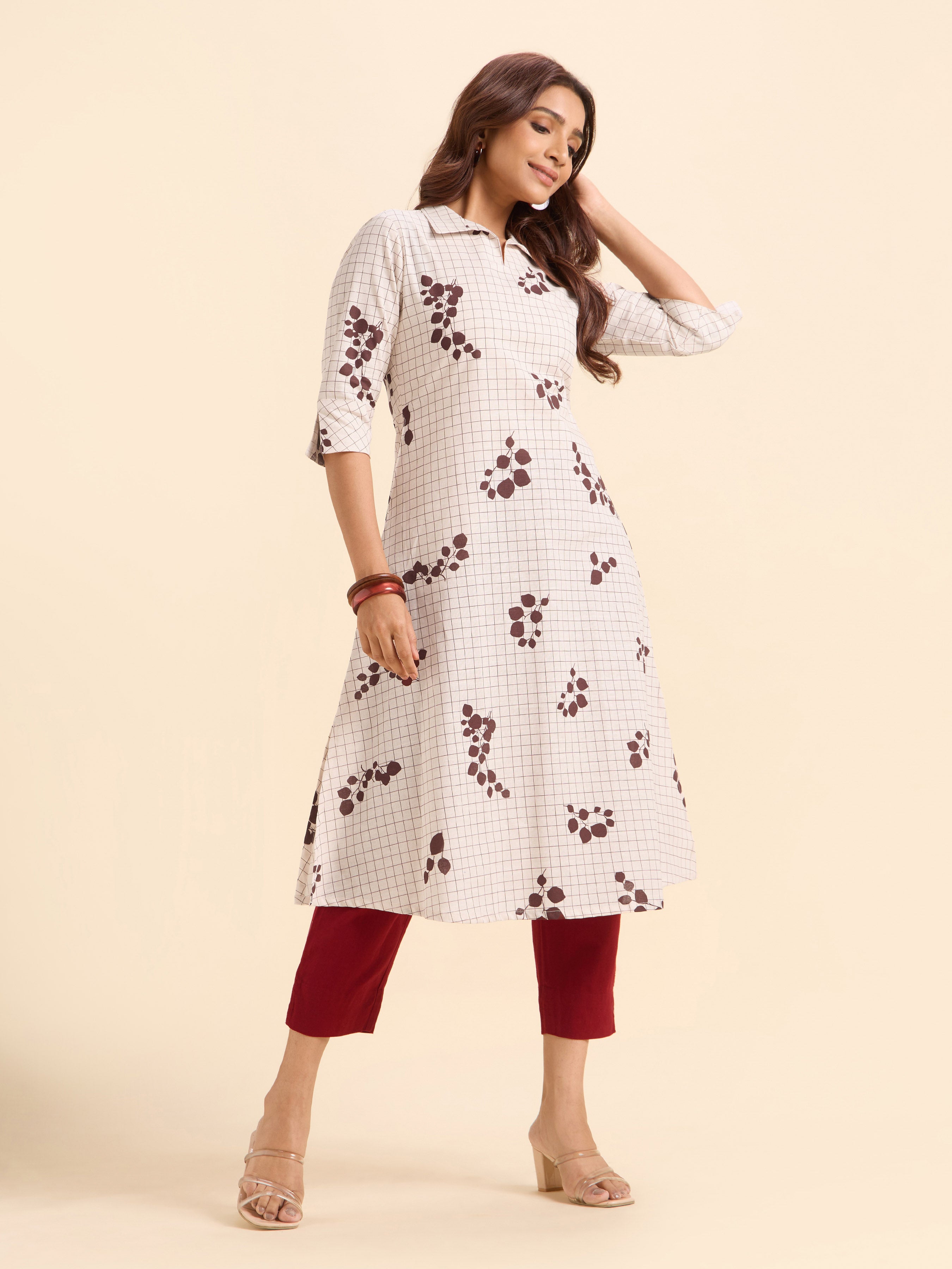 Ivory Meroon Cotton Flax Slub Printed Flared Kurti With Curved Hem