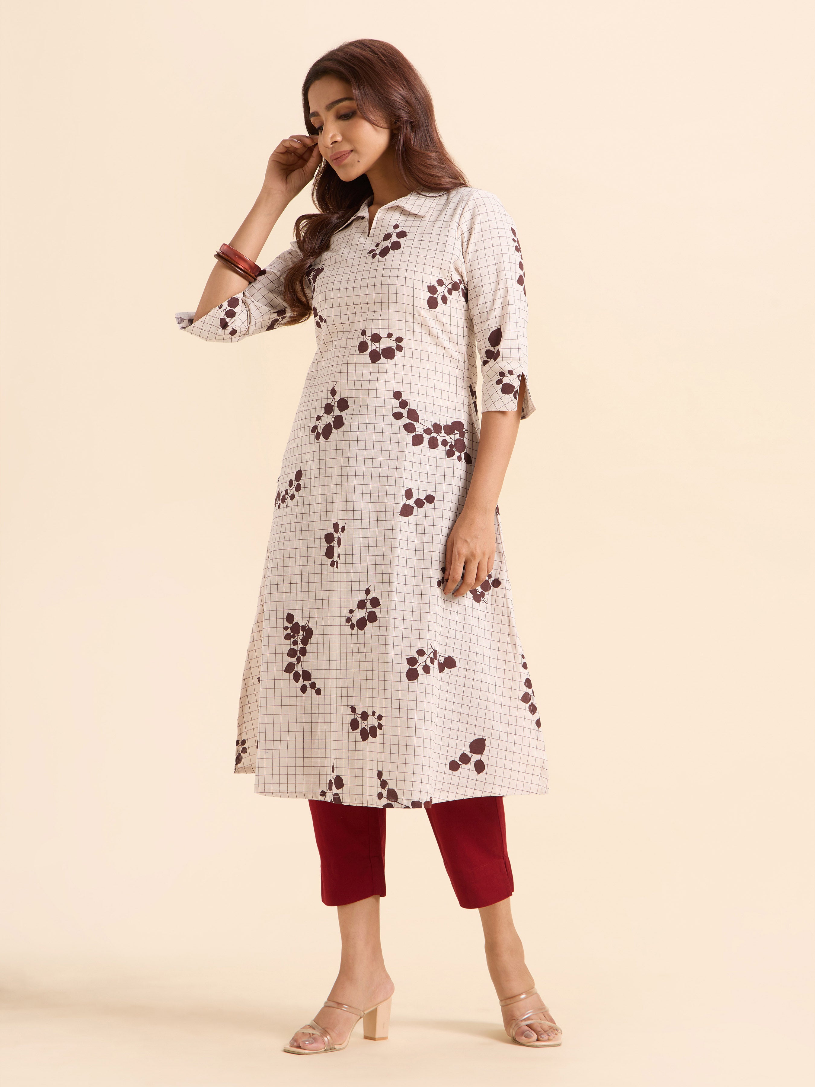 Ivory Meroon Cotton Flax Slub Printed Flared Kurti With Curved Hem