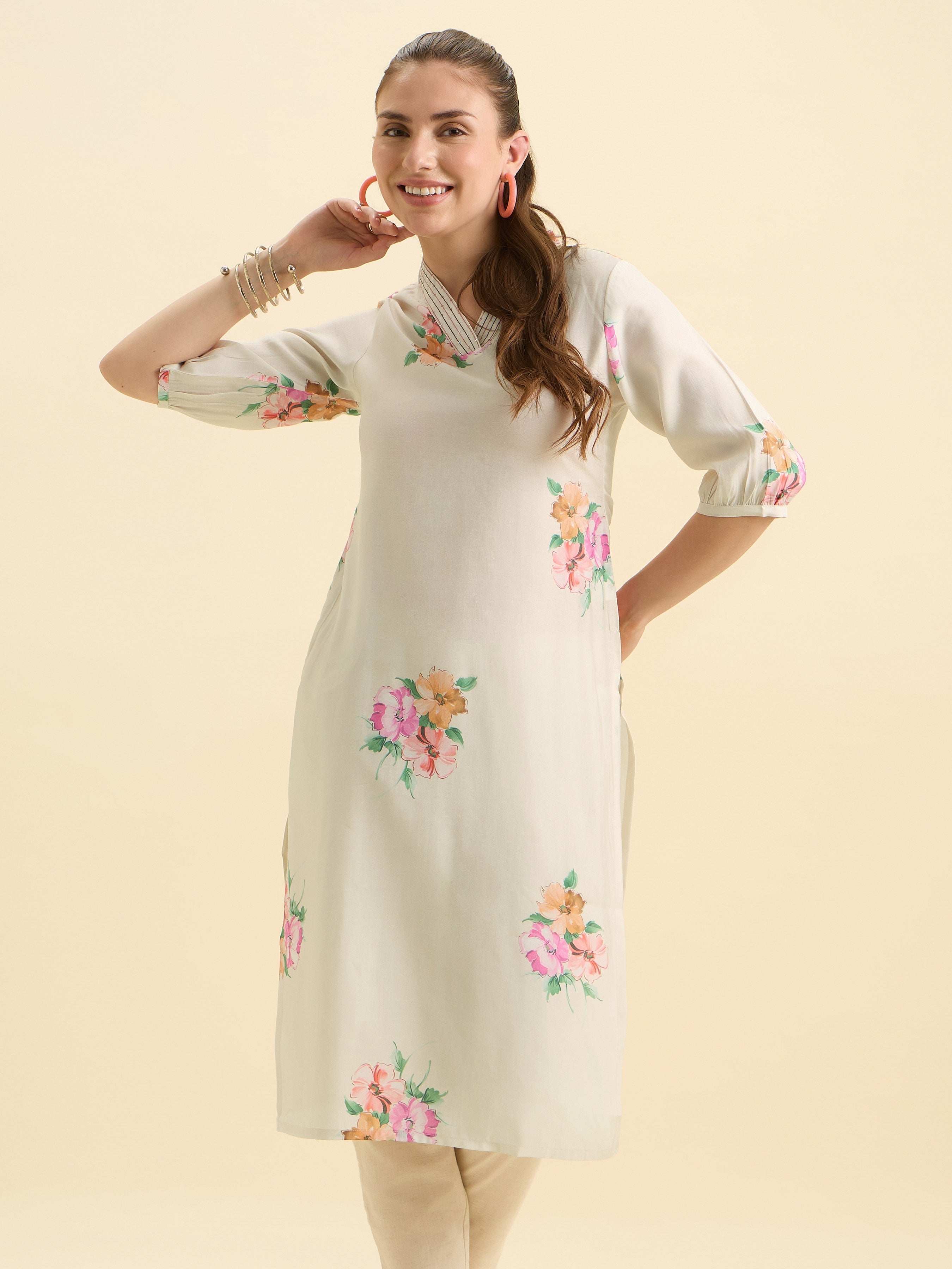 White Multicolour Modal Chanderi Printed Slited Kurti With Embroidery And Sequins Work