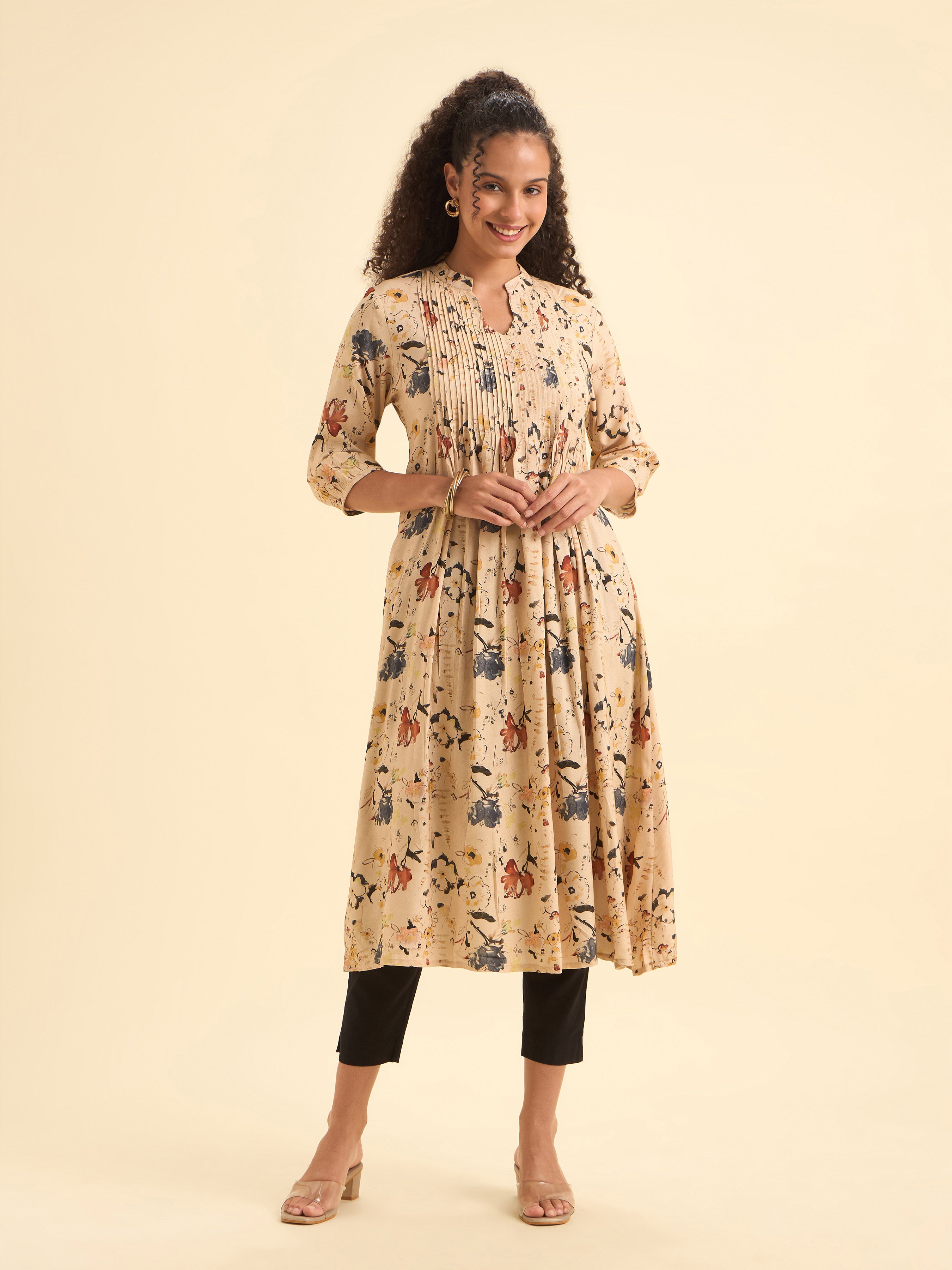 Ivory Viscose Flared Printed Kurti With Pintucks