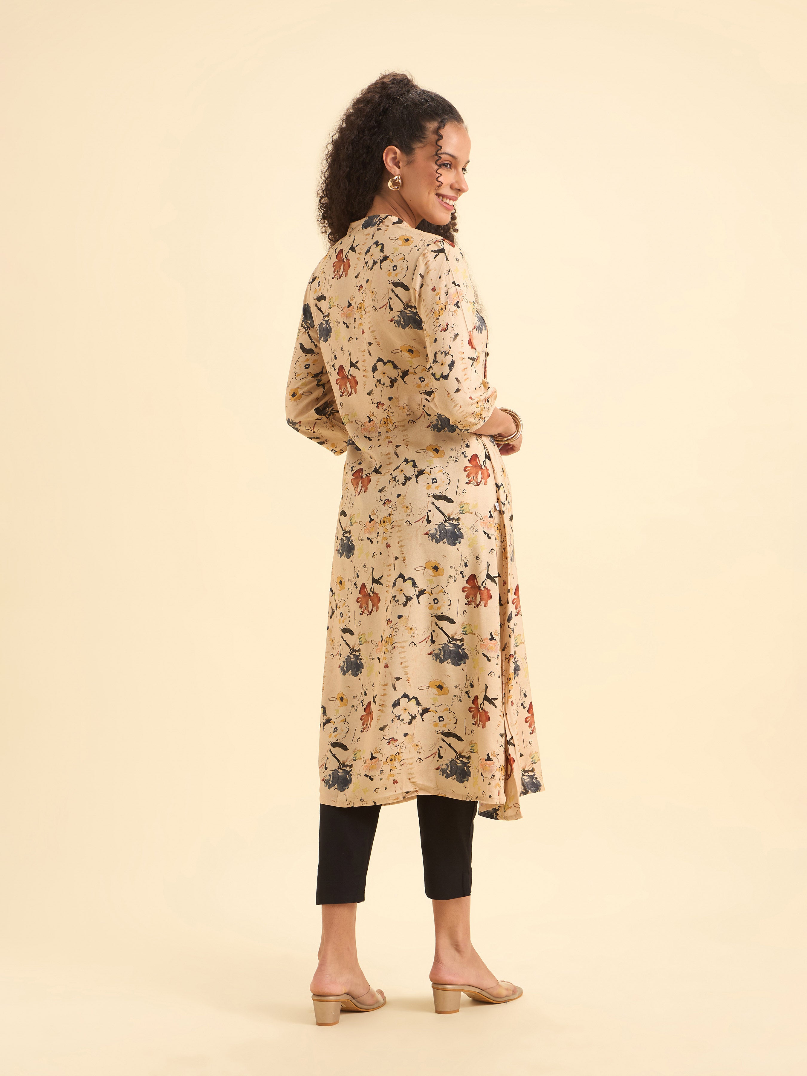 Ivory Viscose Flared Printed Kurti With Pintucks