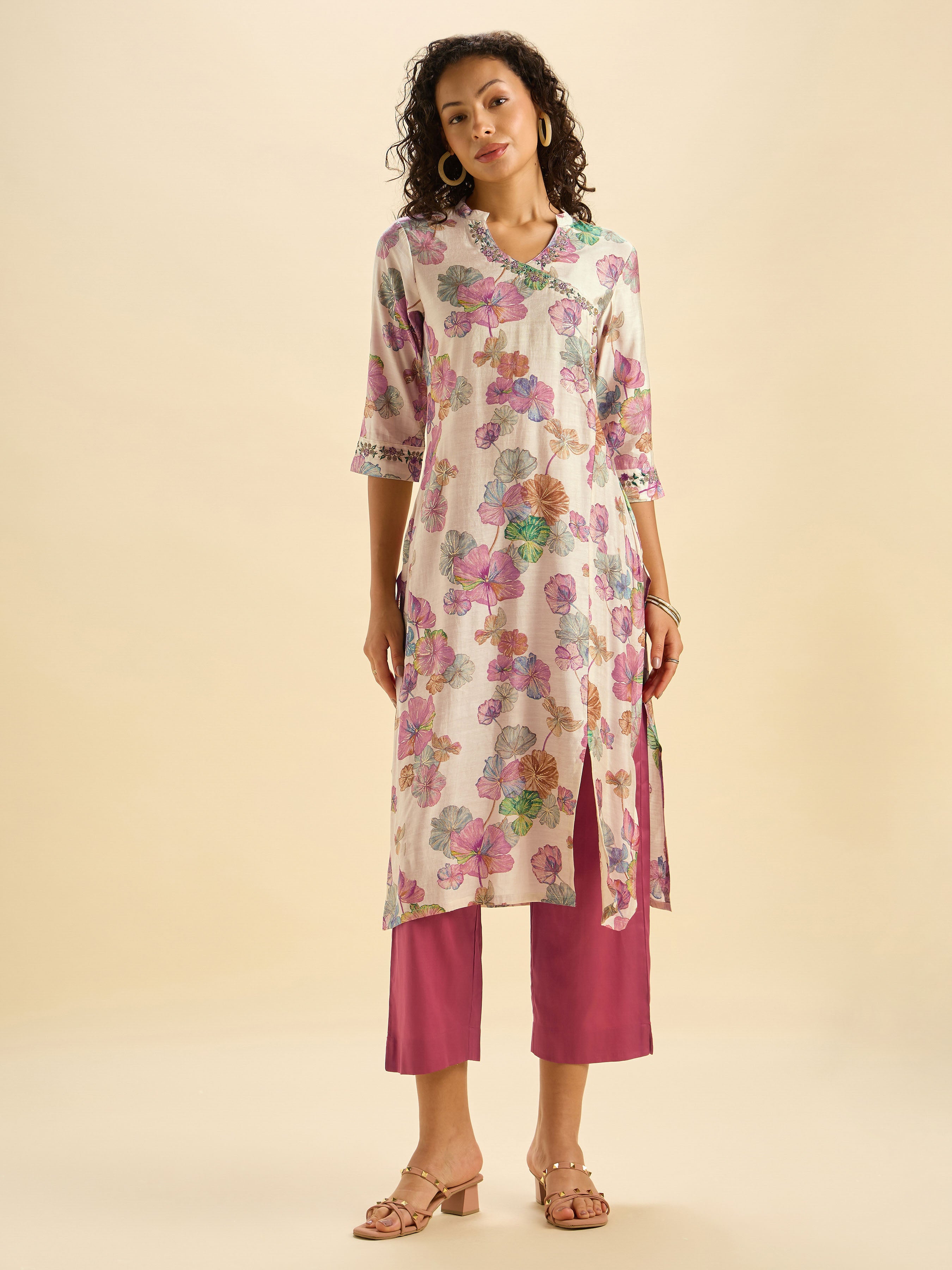 Ivory Multi Colour Modal Chanderi Printed Slit Kurti Set With Sequins Work