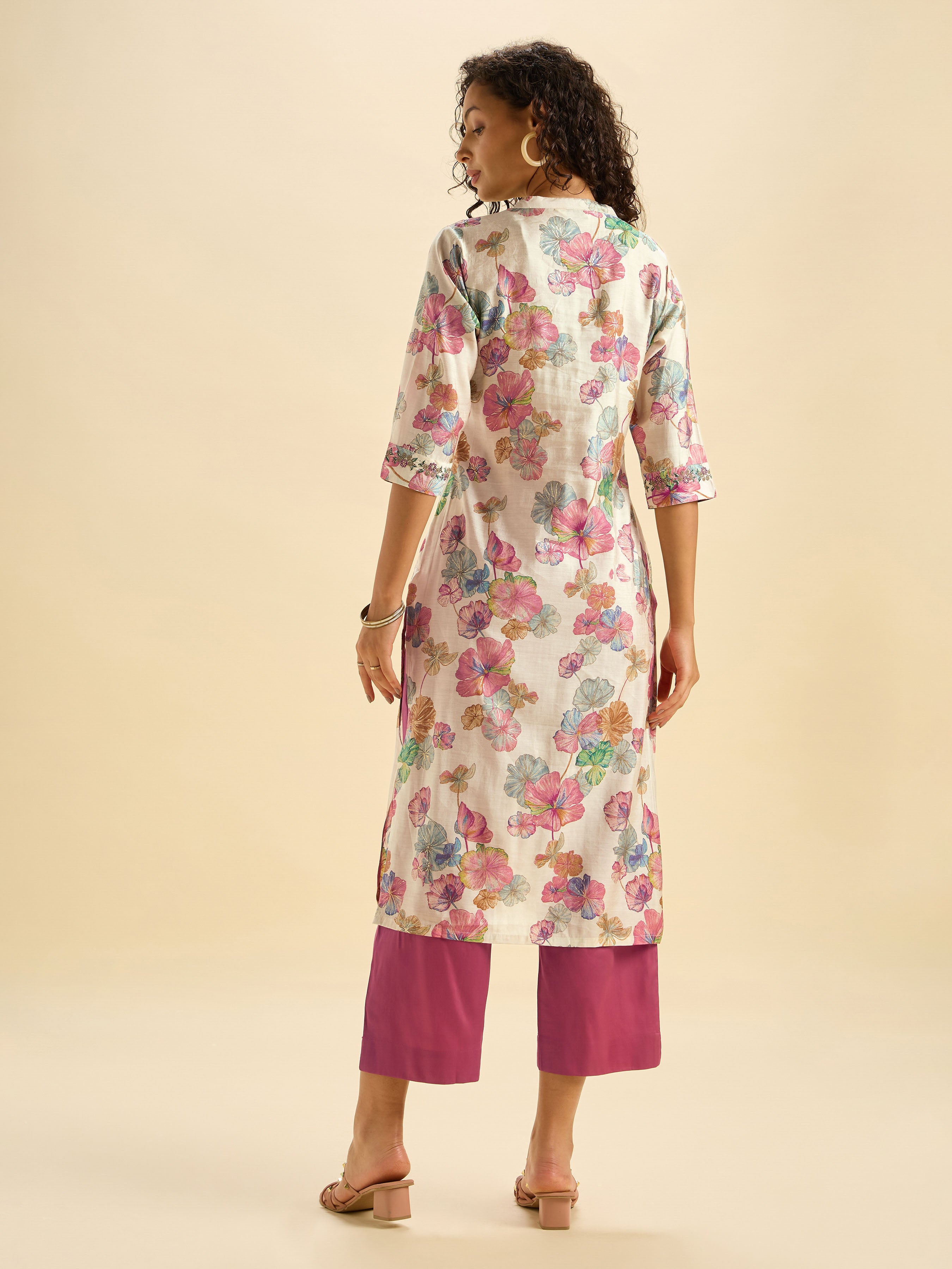 Ivory Multi Colour Modal Chanderi Printed Slit Kurti Set With Sequins Work