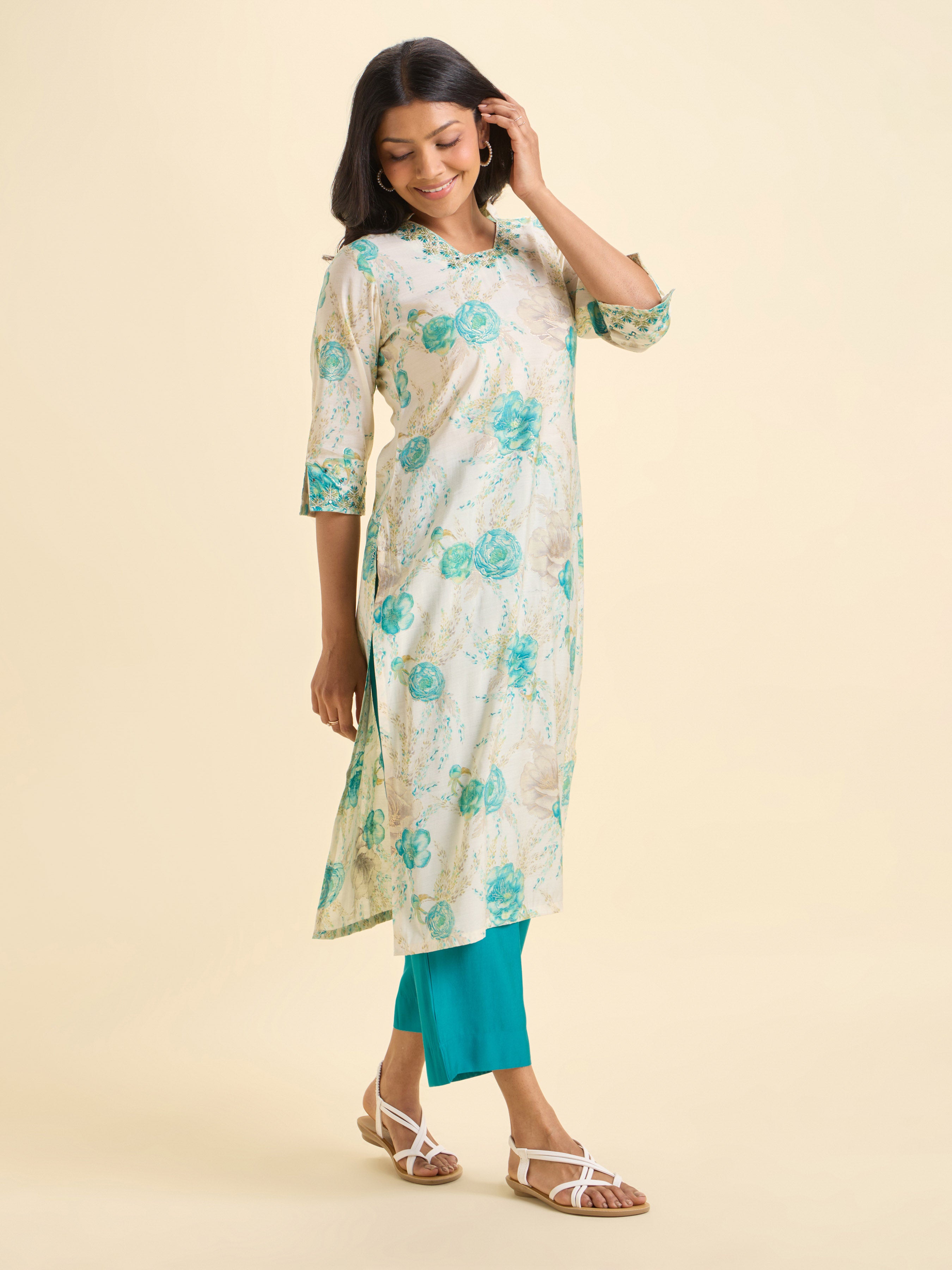 Ivory Multi Colour Viscose Blend Slitted Kurti Set With Embroidery Mirror Work