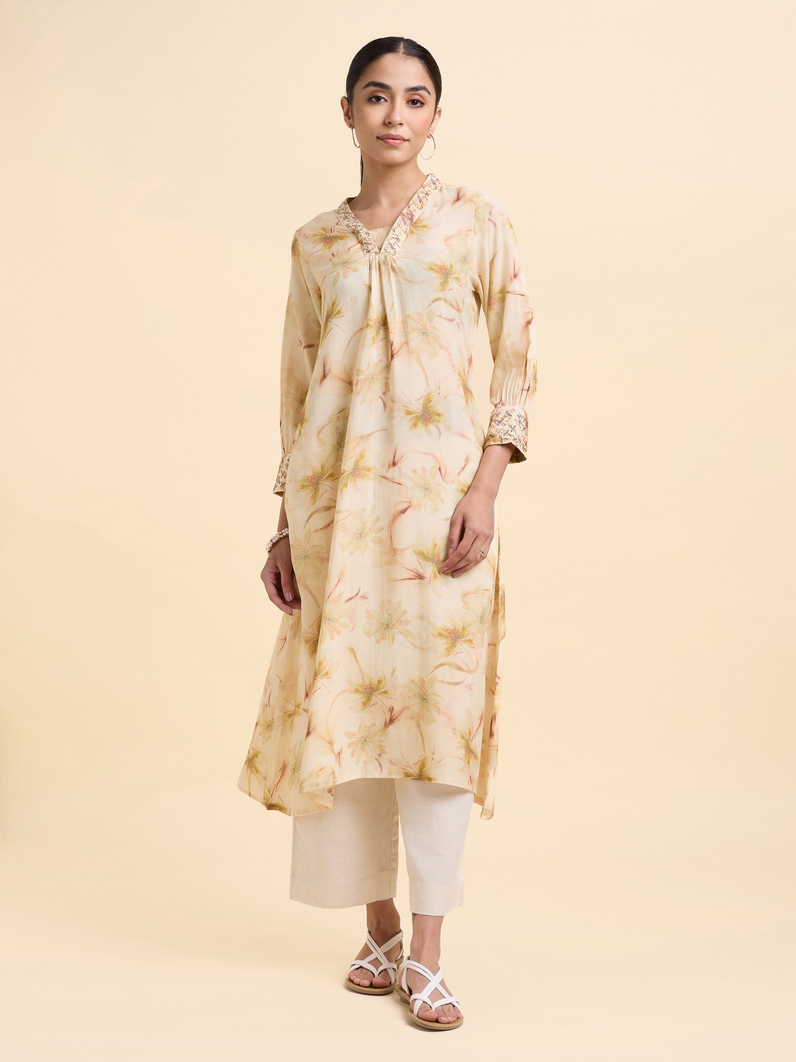 Ivory Multi Colour Viscose Shimmer Printed Flared Kurti With Seqiuns Embroidery
