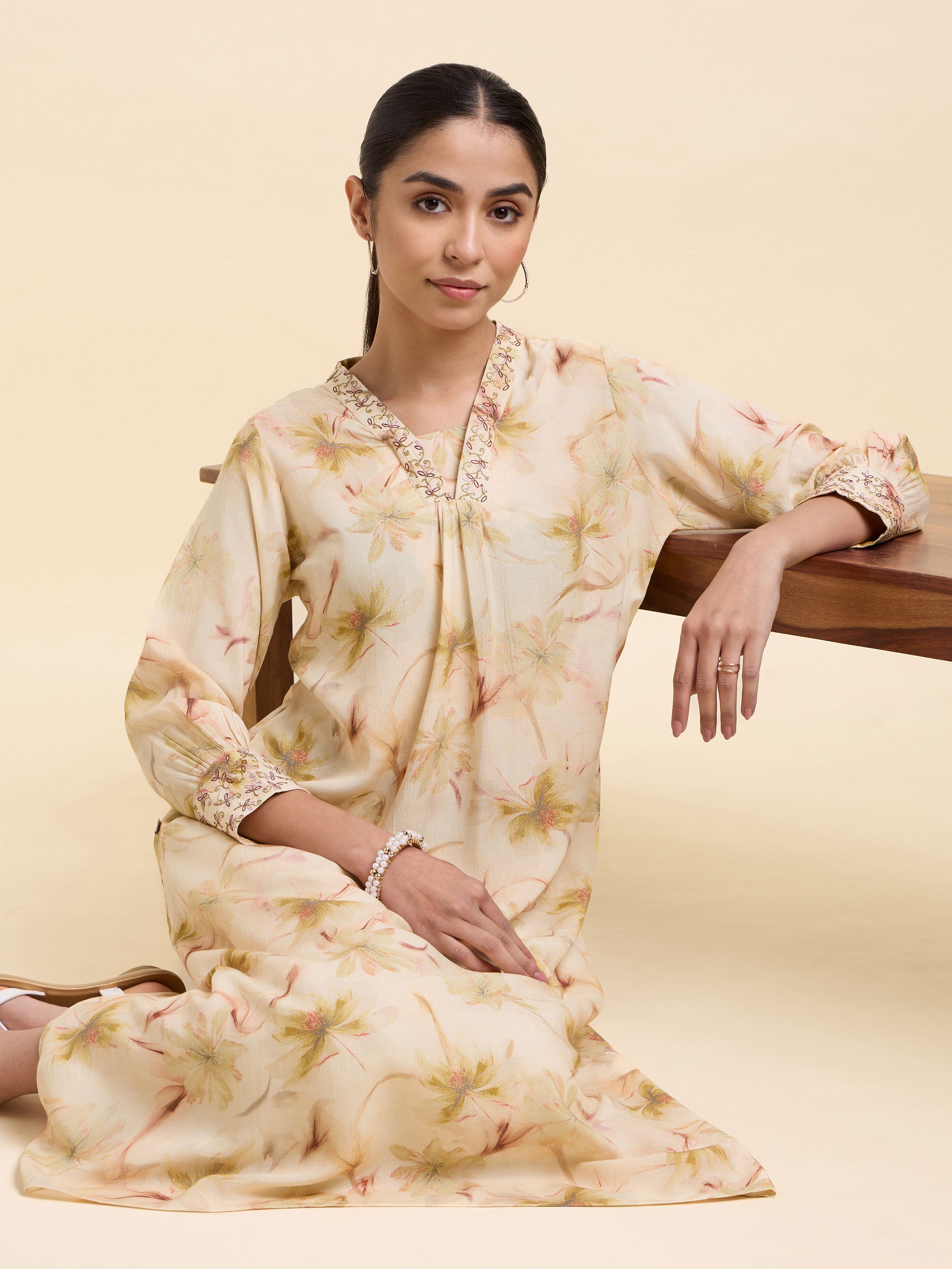 Ivory Multi Colour Viscose Shimmer Printed Flared Kurti With Seqiuns Embroidery