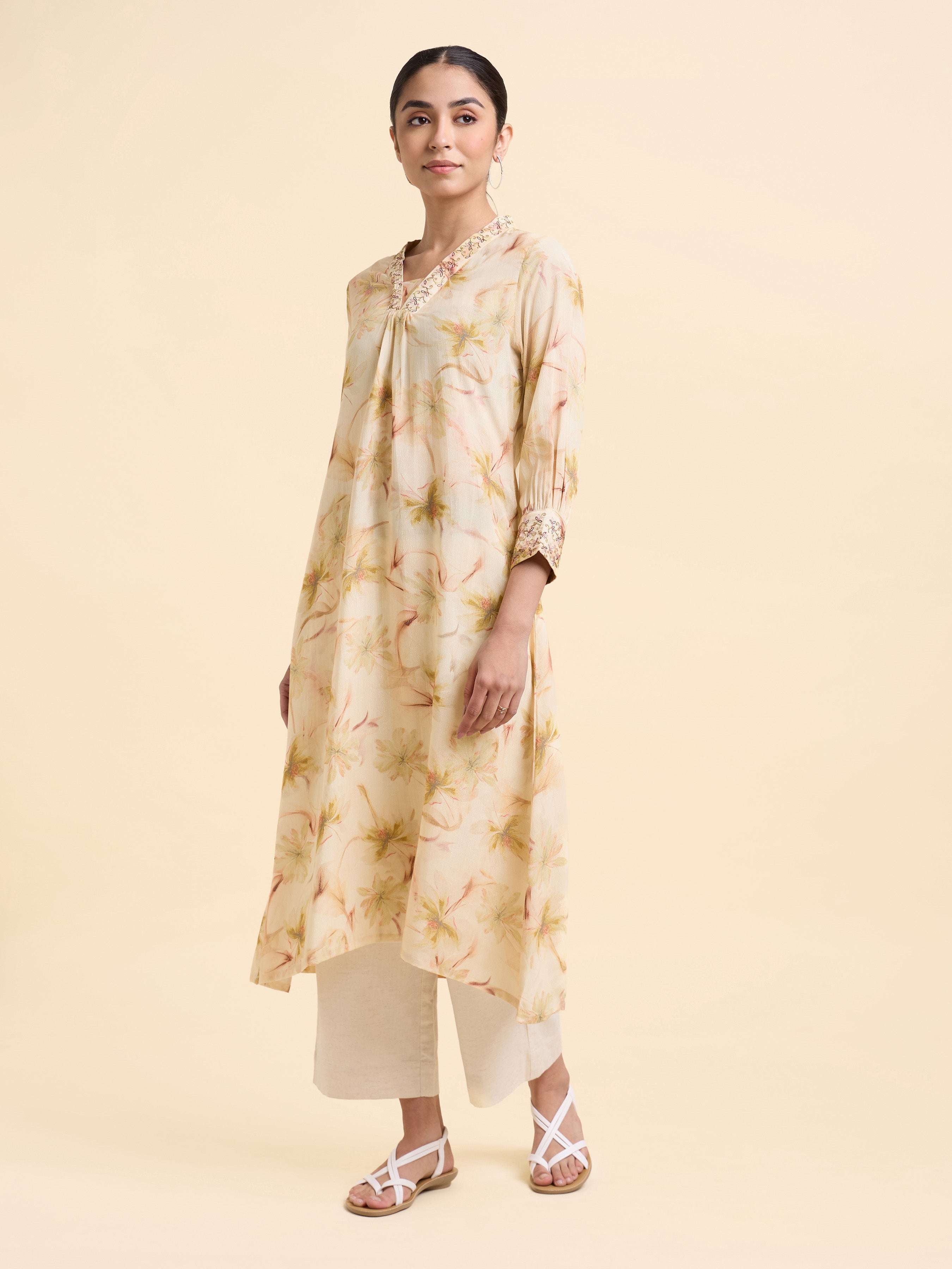 Ivory Multi Colour Viscose Shimmer Printed Flared Kurti With Seqiuns Embroidery