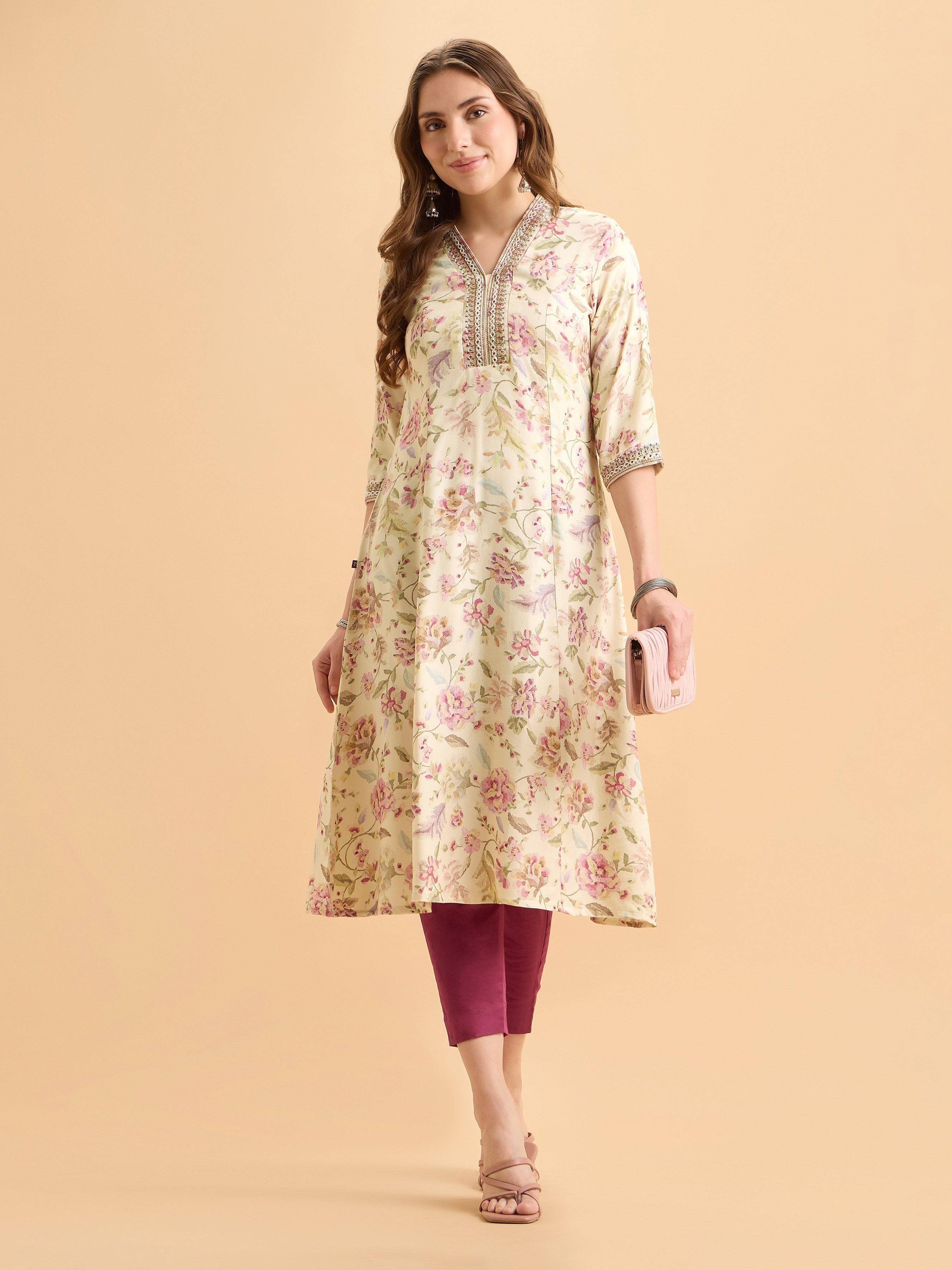 Ivory Multi Colour Viscose Shimmer Printed Kurti Set With Embroidery Hand Work