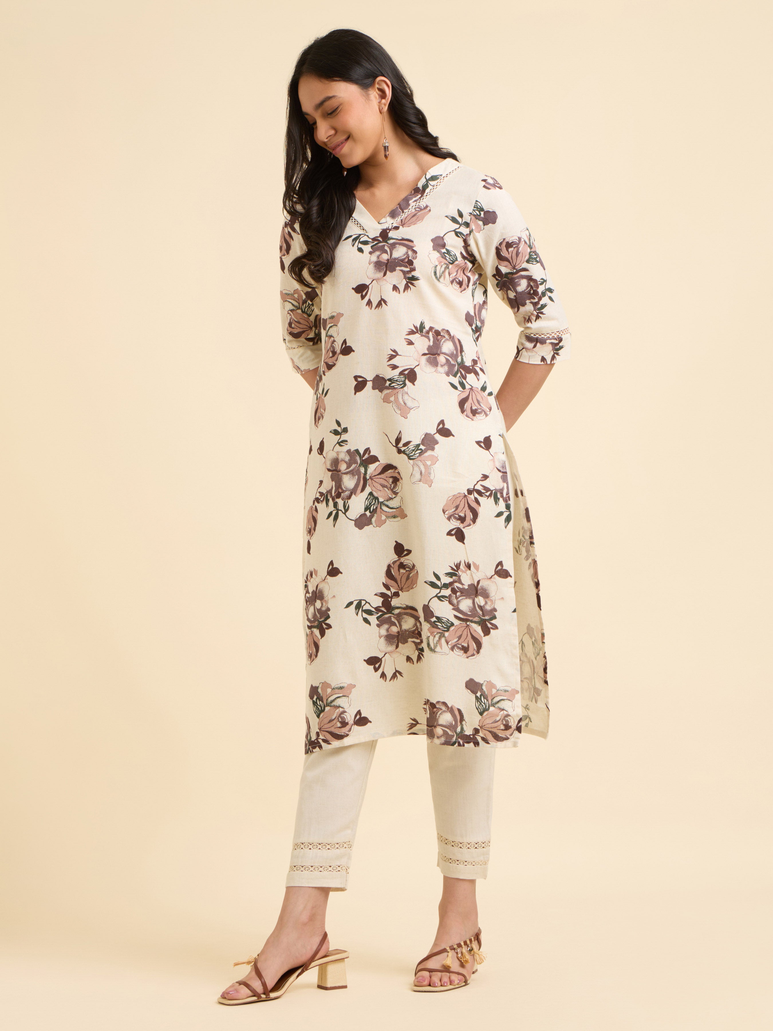 Ivory Multi Cotton Flax Printed Kurti With Lace Detailing