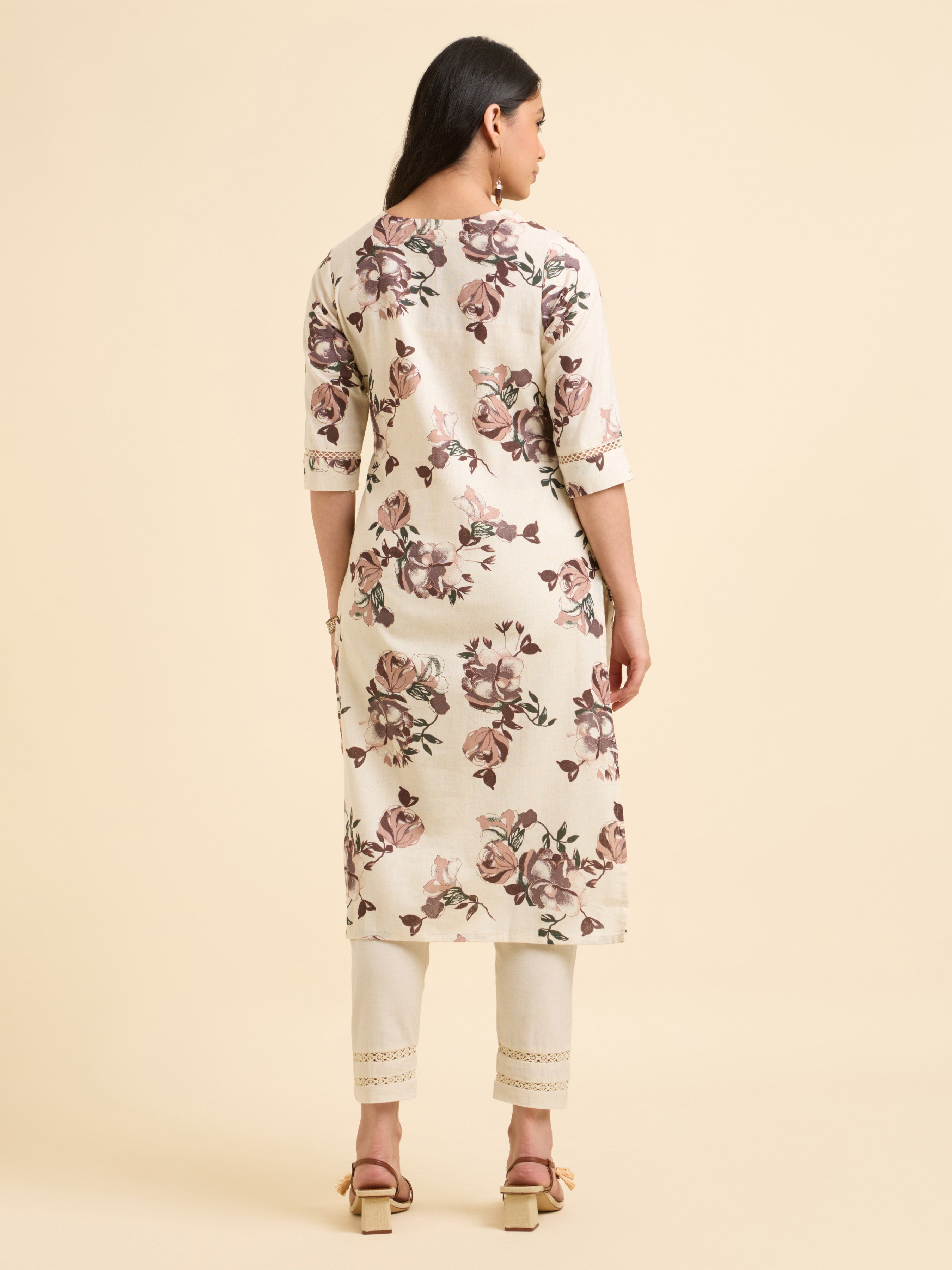 Ivory Multi Cotton Flax Printed Kurti With Lace Detailing